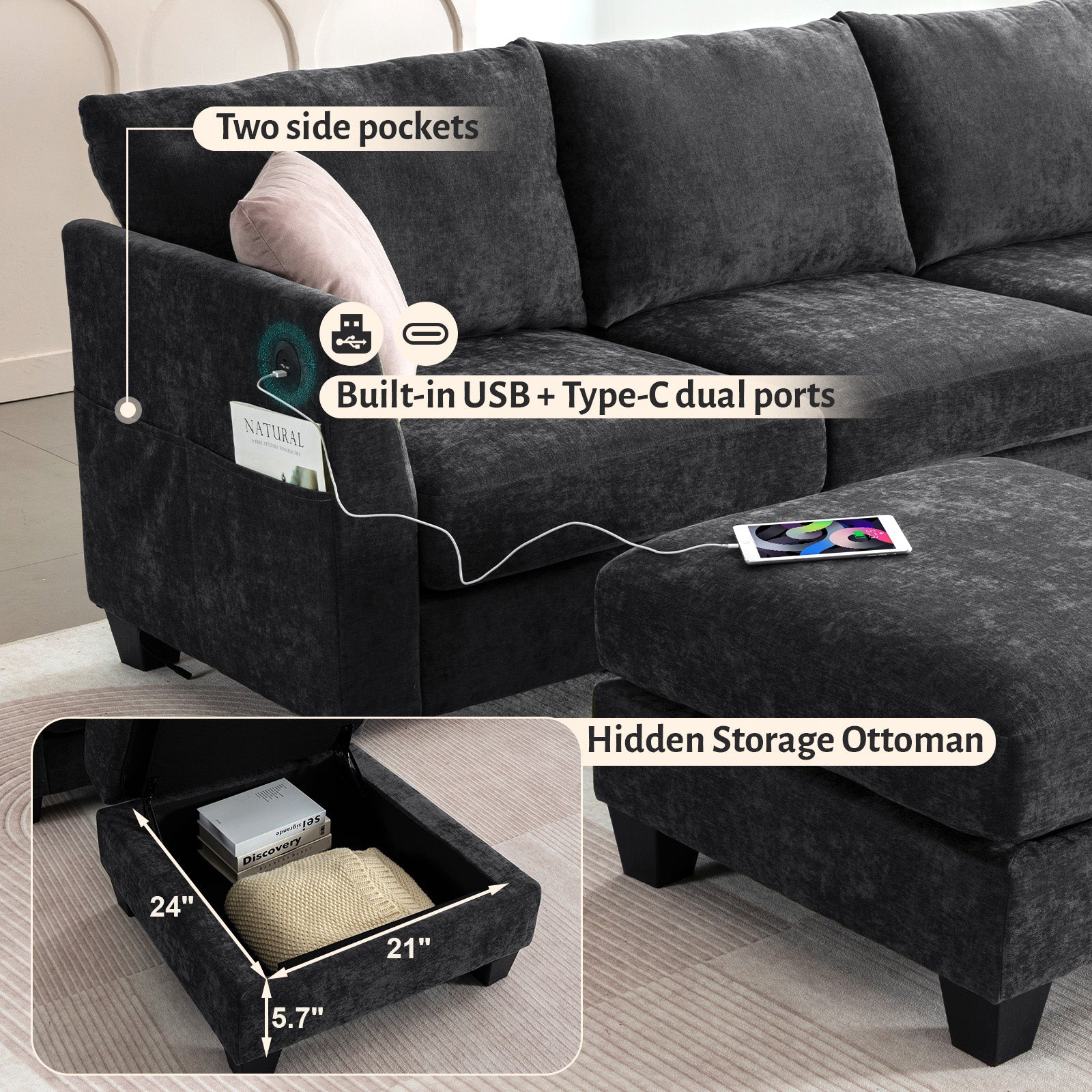 [variant:W3885S00029] 6-Seater U-Shaped Modular Sofa with Storage Ottoman & USB Ports image 10