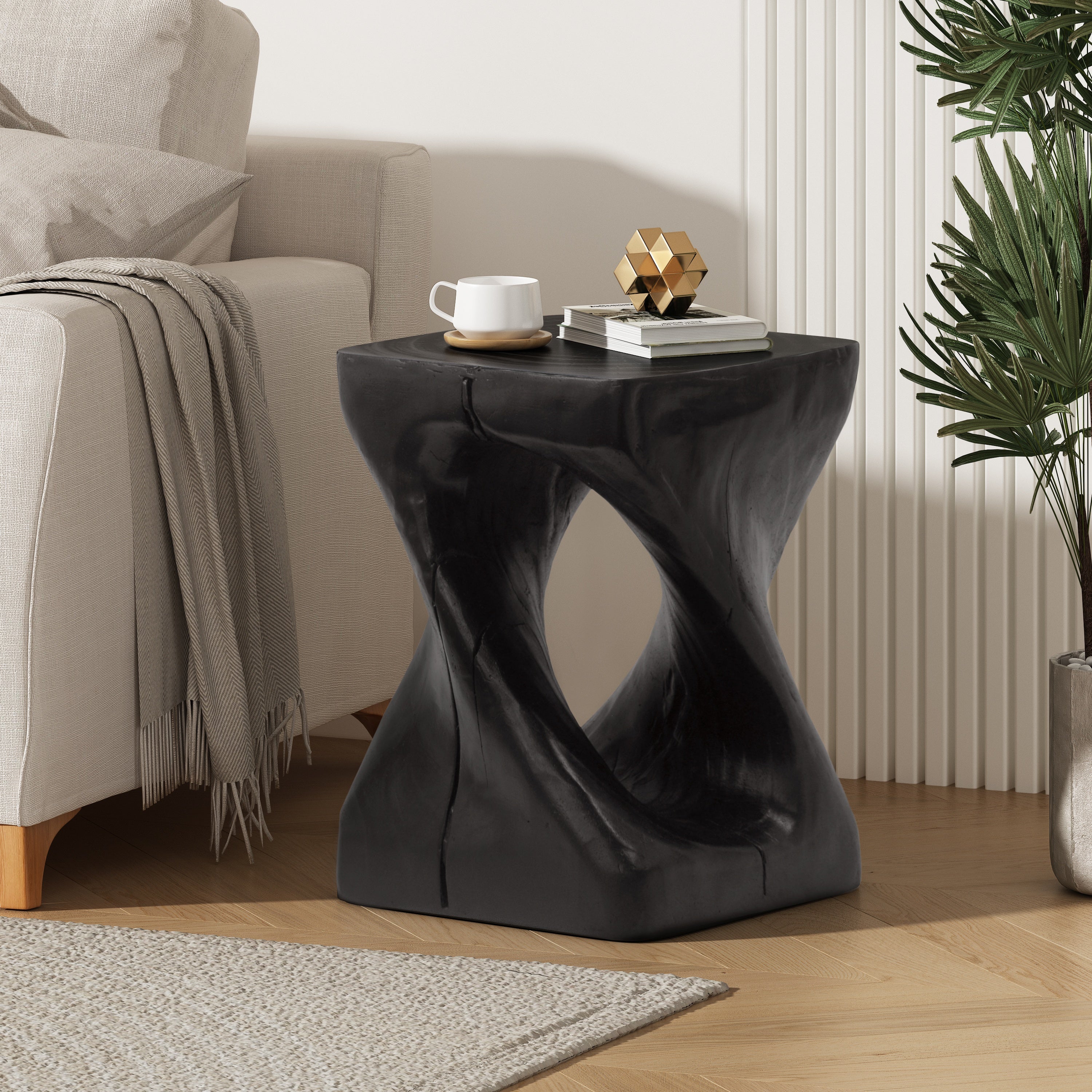Twisted Wood-Look Indoor/Outdoor Side Table — [variant:N911P479287B] Black image 6