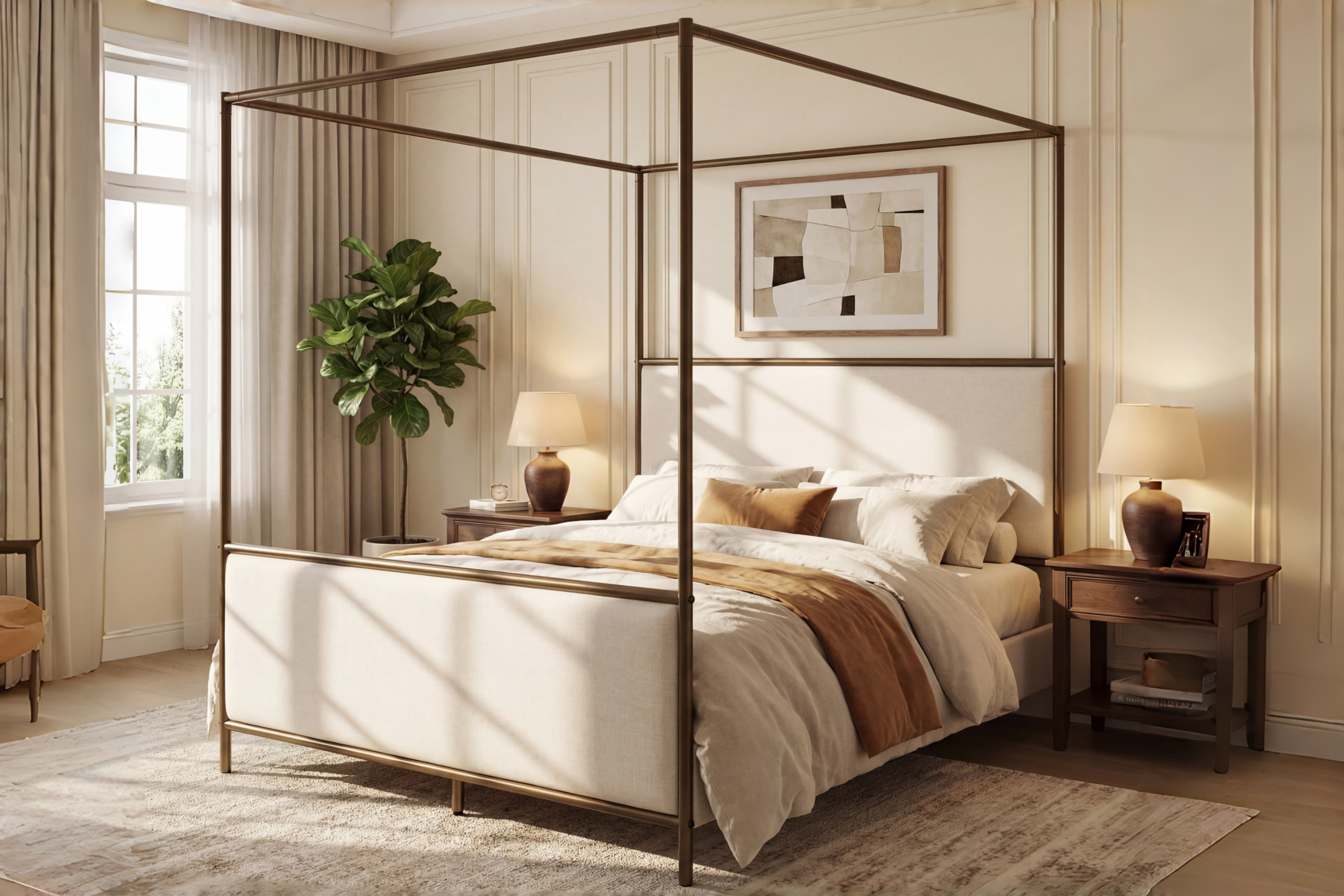[variant:N859Q000022I] Queen Linen Upholstered Canopy Bed – Beige & Bronze image 18