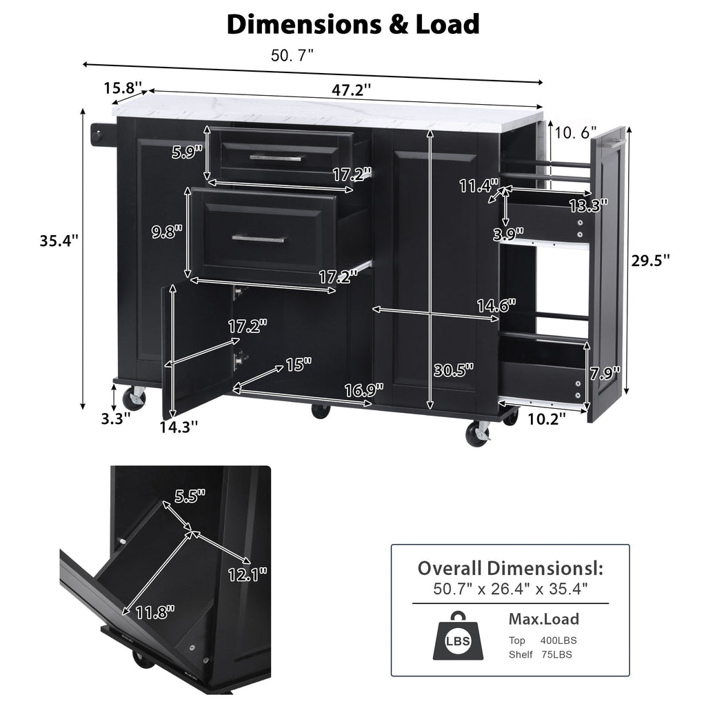 [variant:N853P390045B] Rolling Kitchen Island with Tilt-Out Trash Cabinet – Black, 50.7-Inch image 32