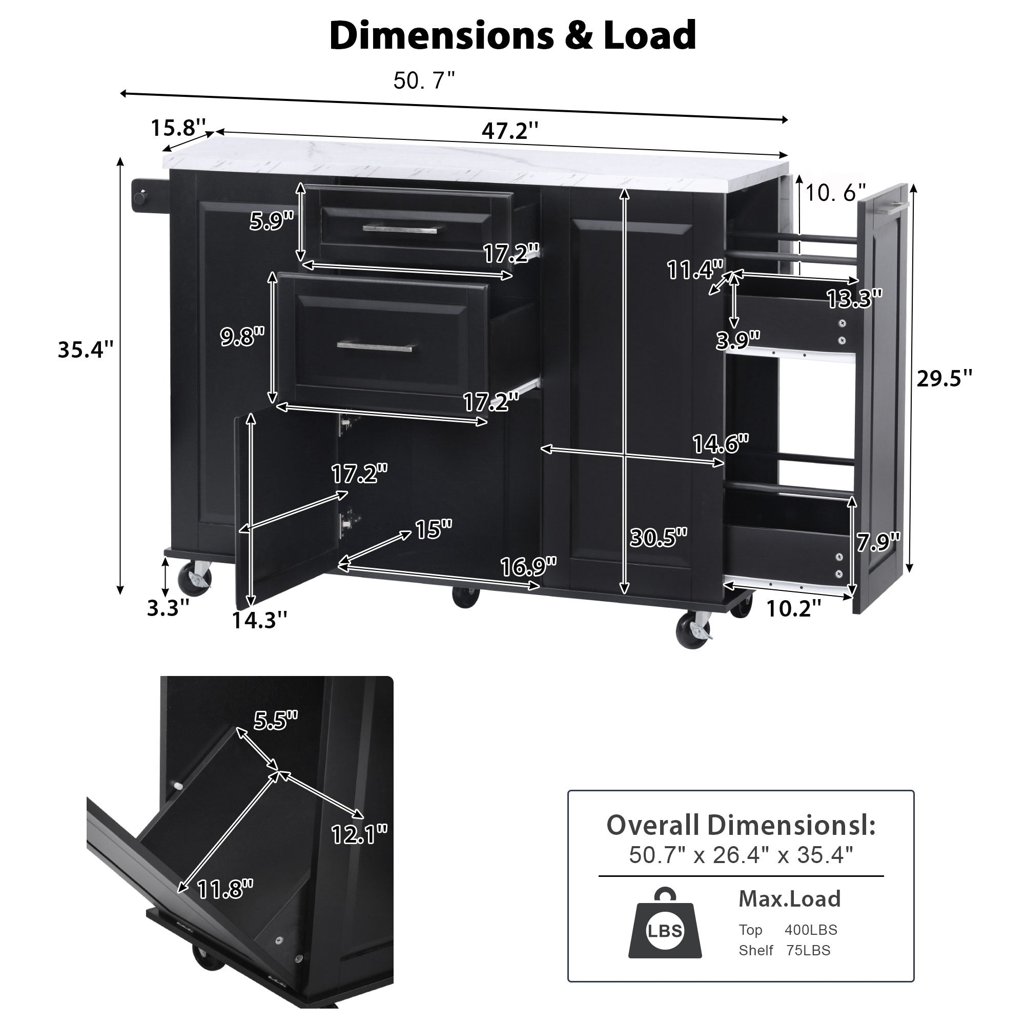 [variant:N853P390045B] Rolling Kitchen Island with Tilt-Out Trash Cabinet – Black, 50.7-Inch image 32