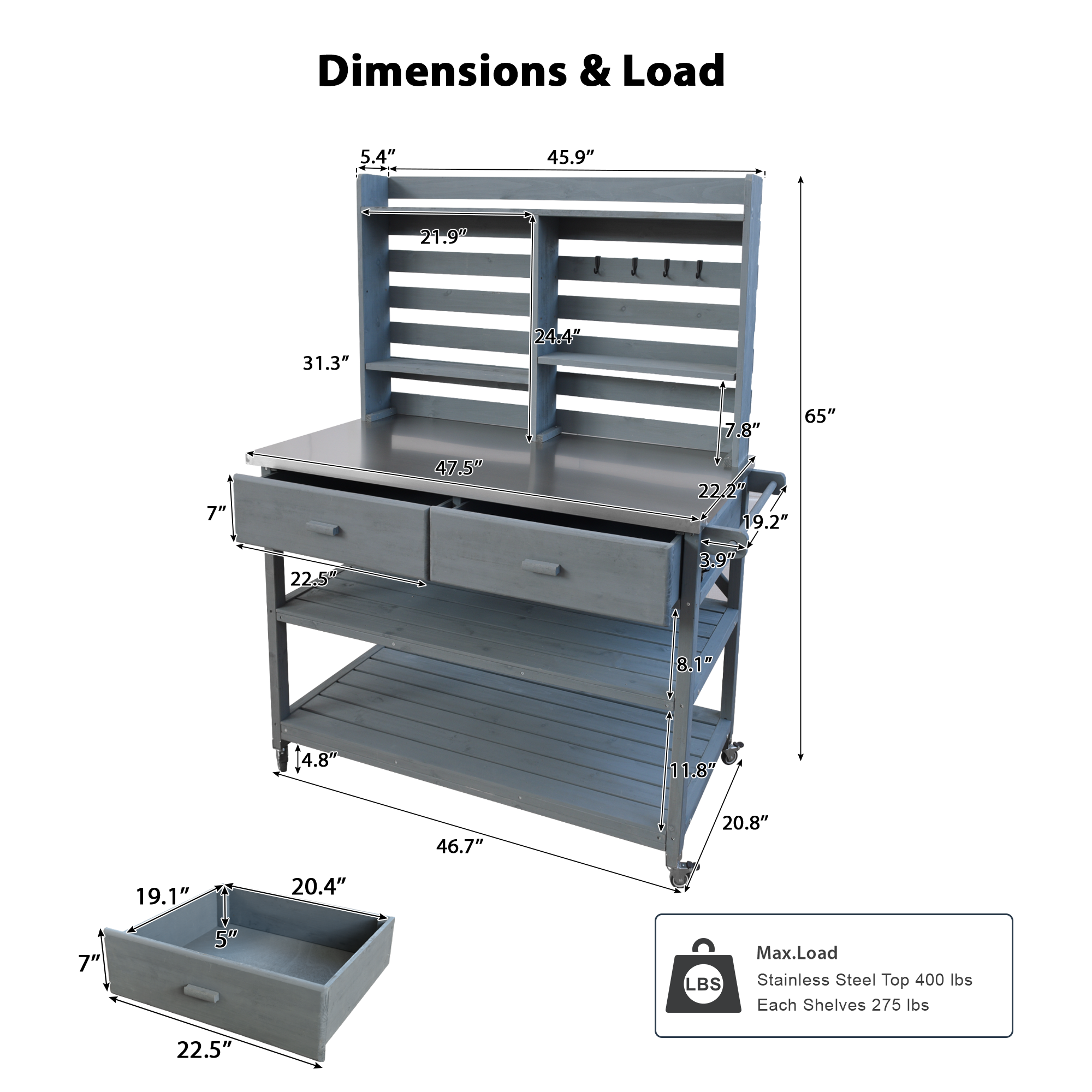 [variant:N853P386121G] Rolling Outdoor Potting Bench with Stainless Steel Top image 38