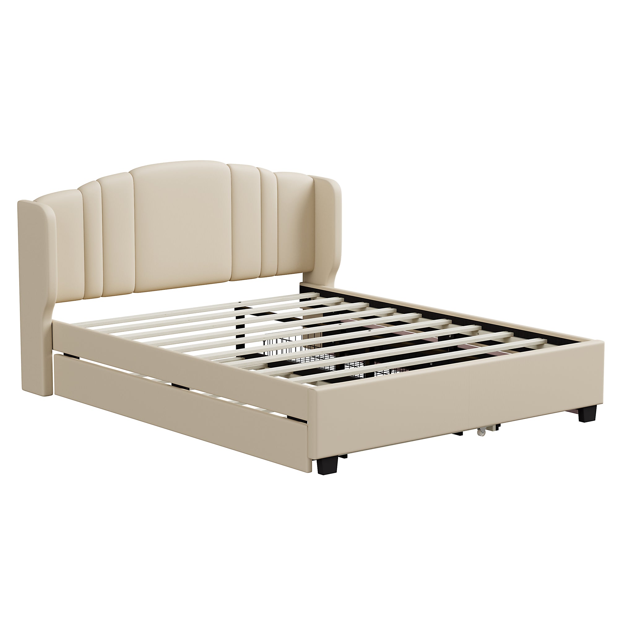 Queen Upholstered Wingback Bed with Twin Trundle & 2 Drawers — [variant:N854S427452A] Beige image 5