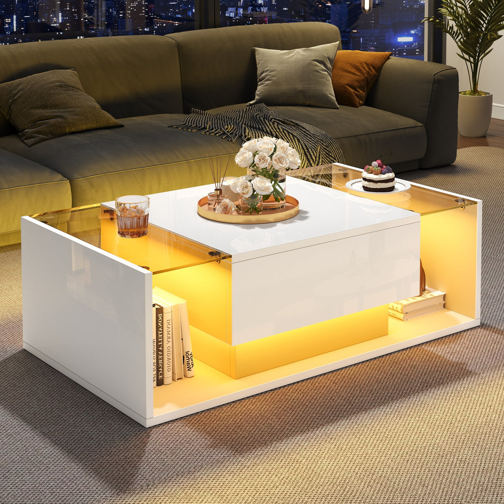 [variant:N892P423295W] High-Gloss LED Coffee Table with Drawer and Glass Top image 23