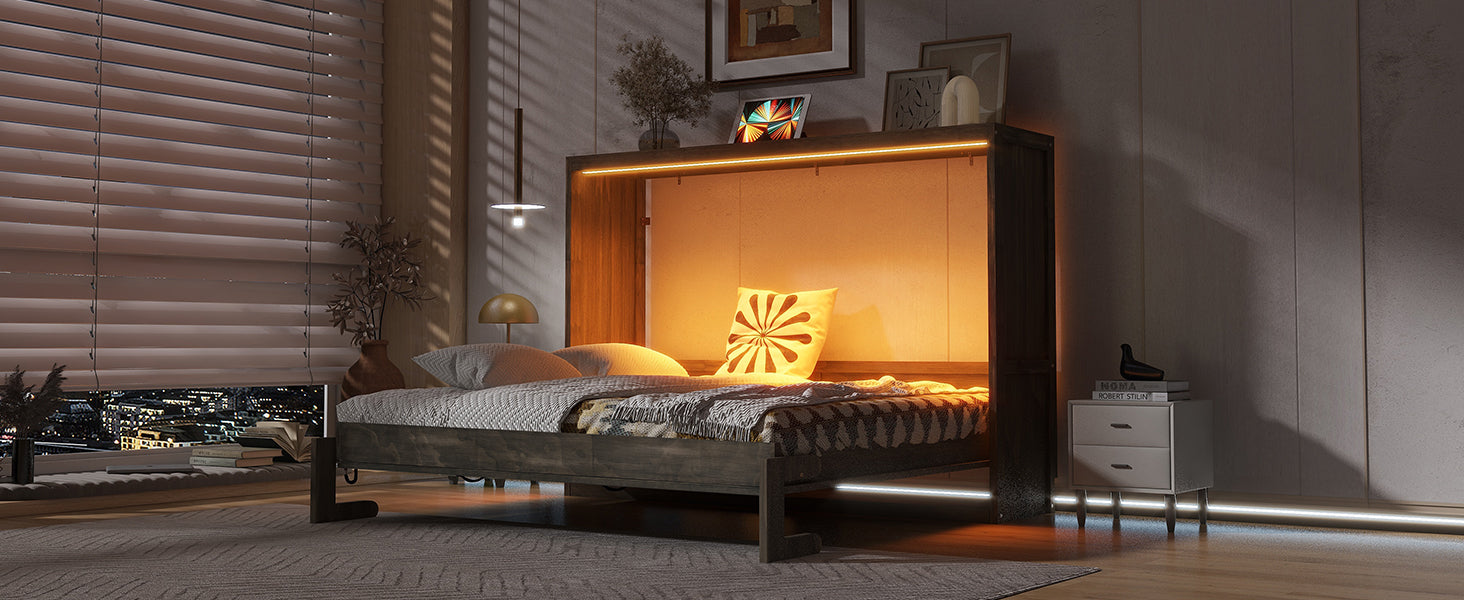 [variant:N8470004035D-1] Queen LED Murphy Bed Cabinet – Brown image 8