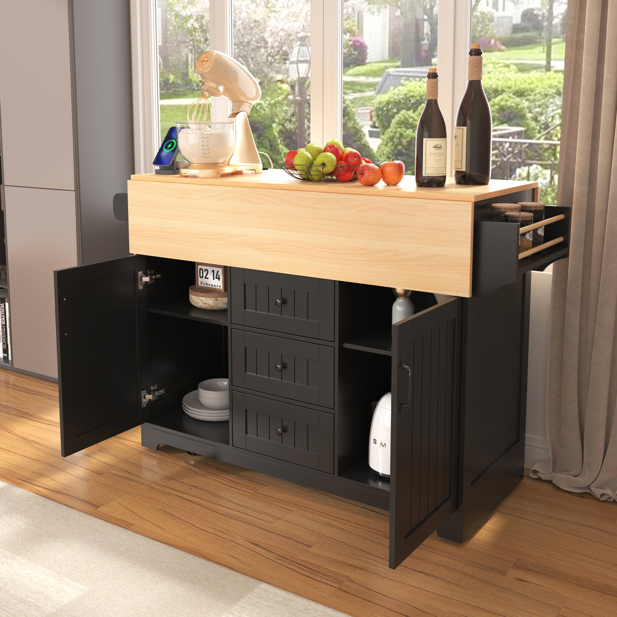 [variant:N853S000006B] Dual-Drop-Leaf Rolling Kitchen Island – Black, 55.75-Inch image 18