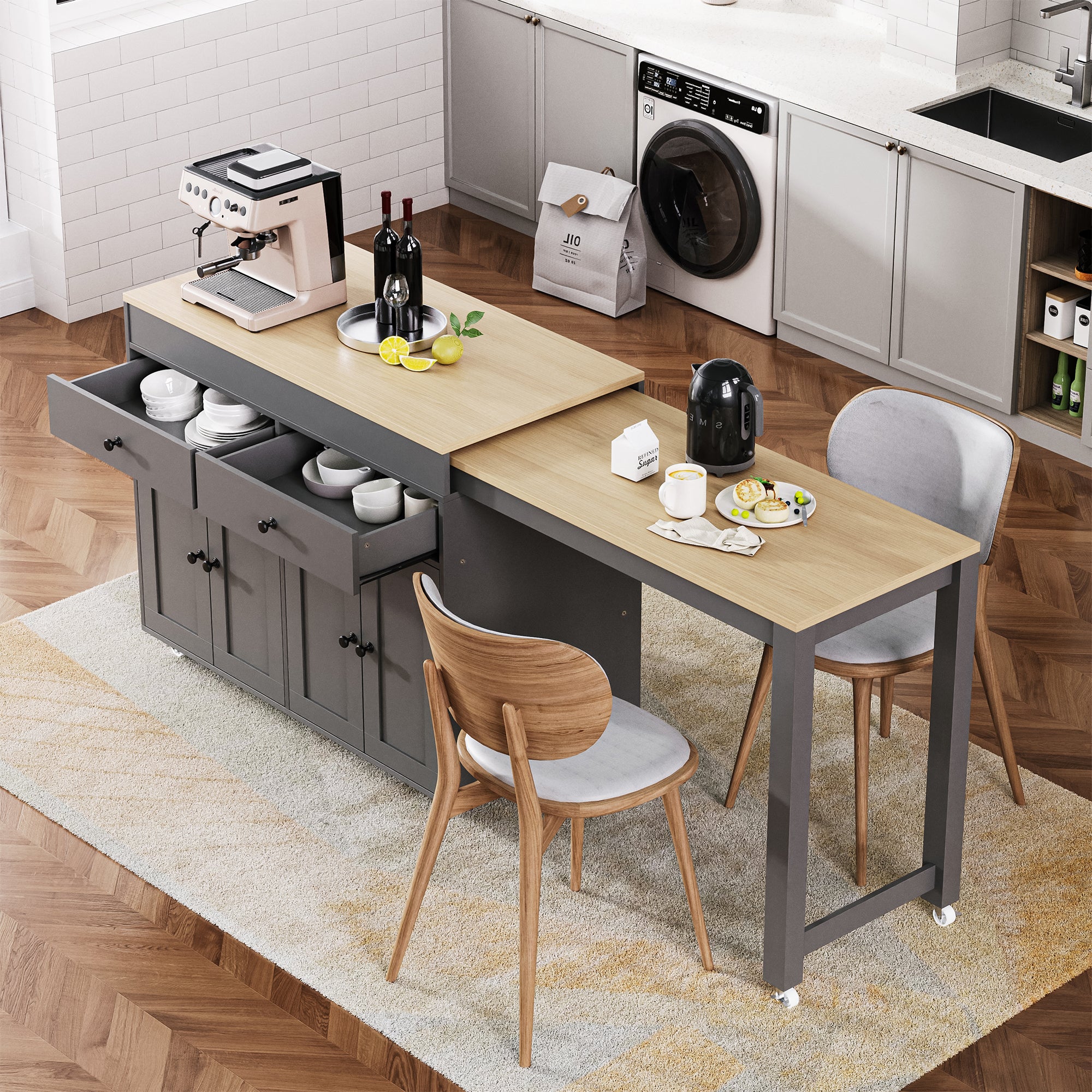 [variant:N853P386264G] Extendable Rolling Kitchen Island with Dining Table – Gray, 74.5-Inch image 1