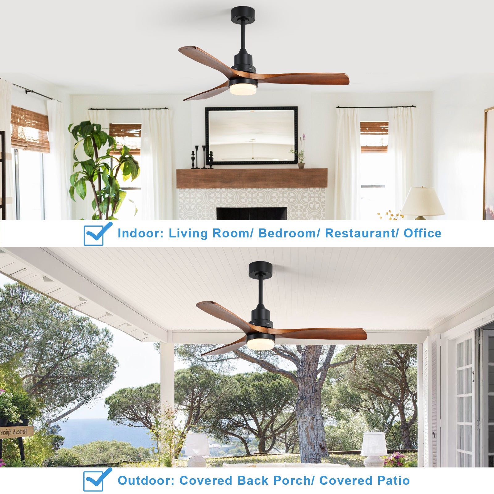 [variant:W5691P514188] Walnut Solid Wood Ceiling Fan with Light & Remote – 52-Inch image 2