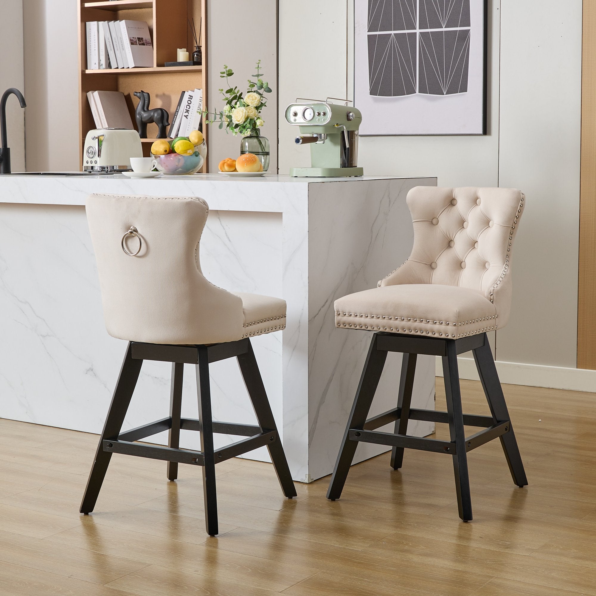[variant:W5755P512968] Set of 2 Beige Velvet Swivel Bar Stools image 14