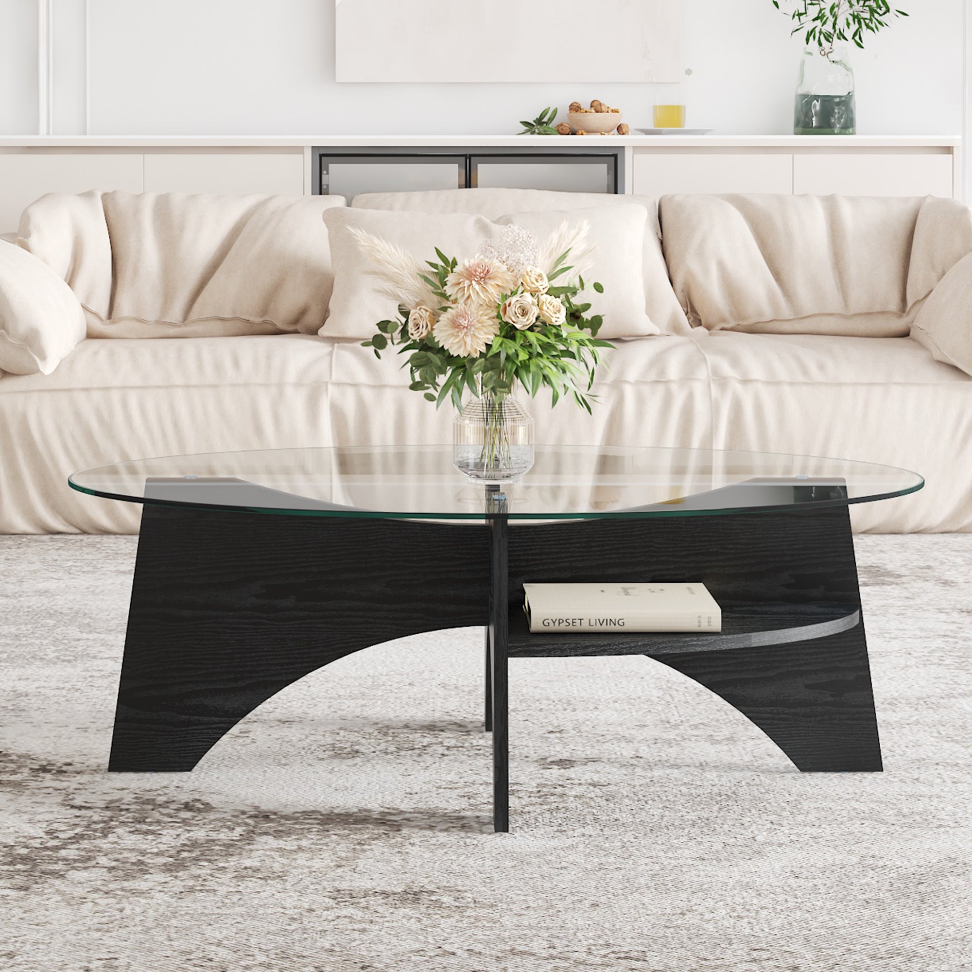 [variant:W3806P404727] Oval Glass Coffee Table with Black Fan-Shaped Base image 1