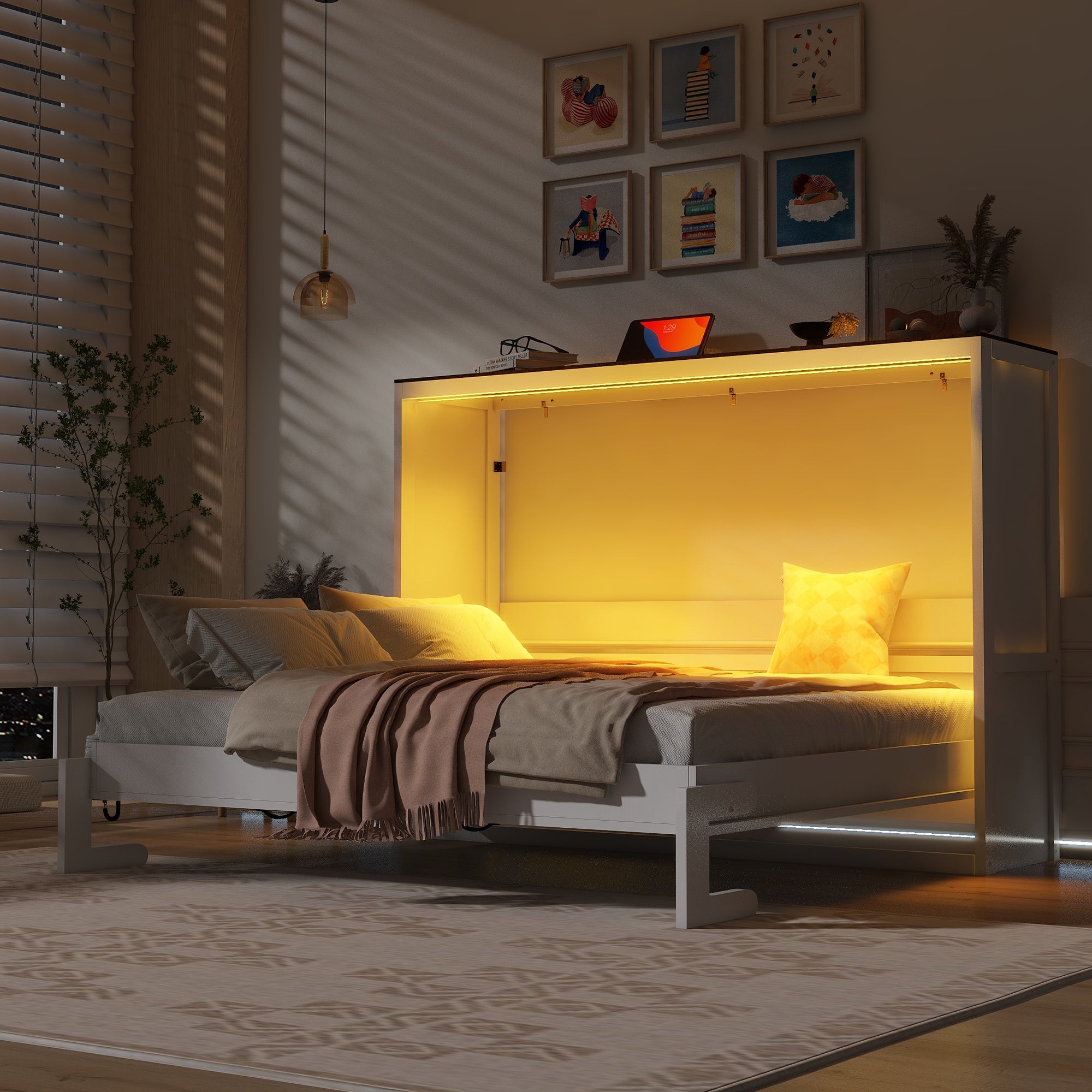 [variant:N8470004035K-1] Queen LED Murphy Bed Cabinet – White and Brown image 2