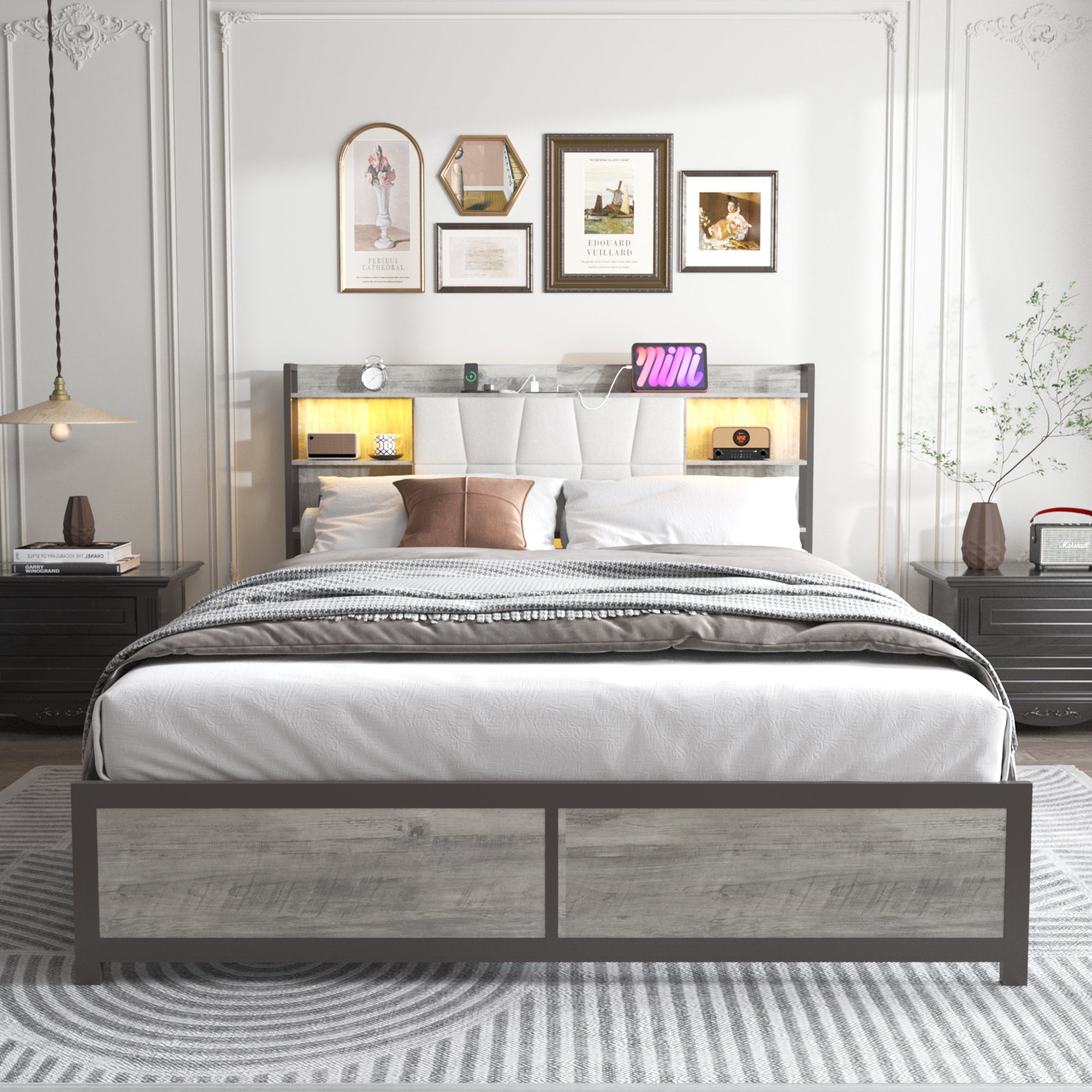 [variant:W5658P487022] Queen Upholstered Platform Bed with Bookcase Headboard, LED Lights & Charging Station image 1
