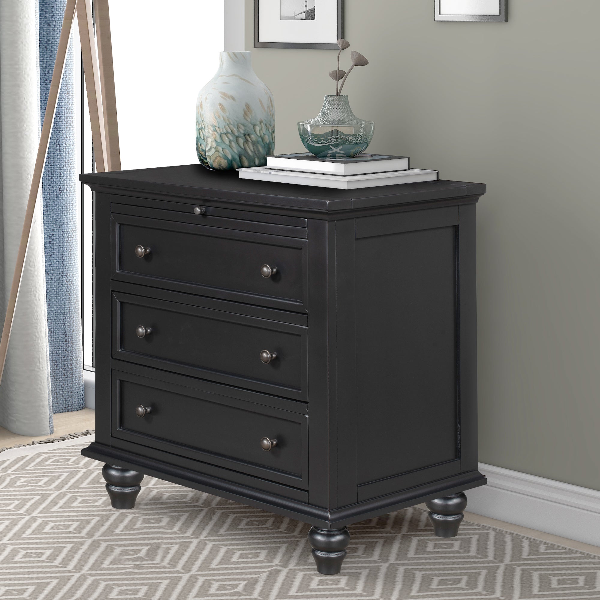3-Drawer Nightstand with Pull-Out Tray – 27.6-Inch — [variant:N889P444139B] Black image 2