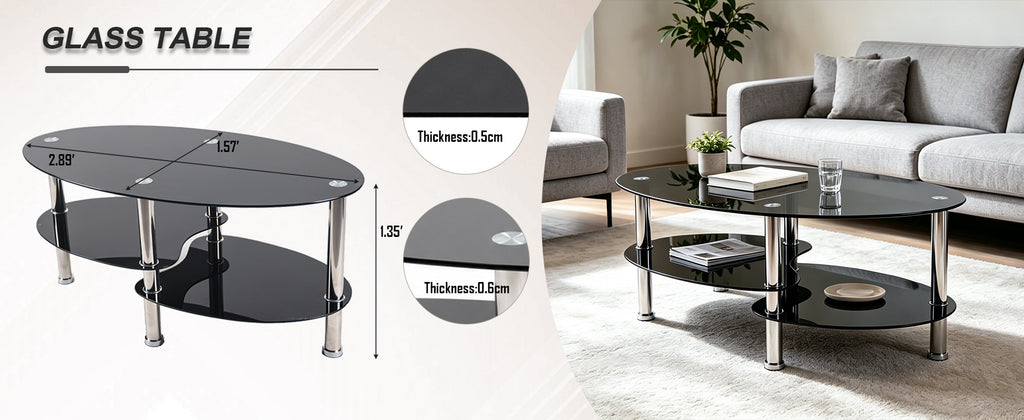 2-Tier Oval Tempered Glass Coffee Table — [variant:W3738P499153] Black image 13