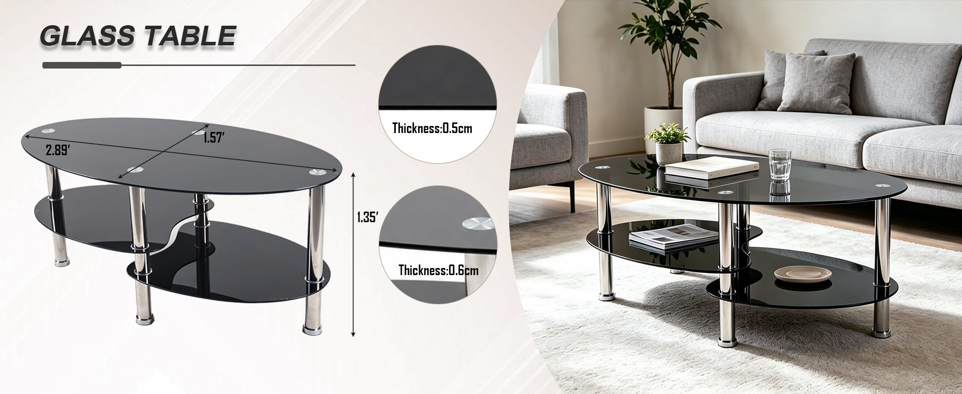 2-Tier Oval Tempered Glass Coffee Table — [variant:W3738P499153] Black image 13