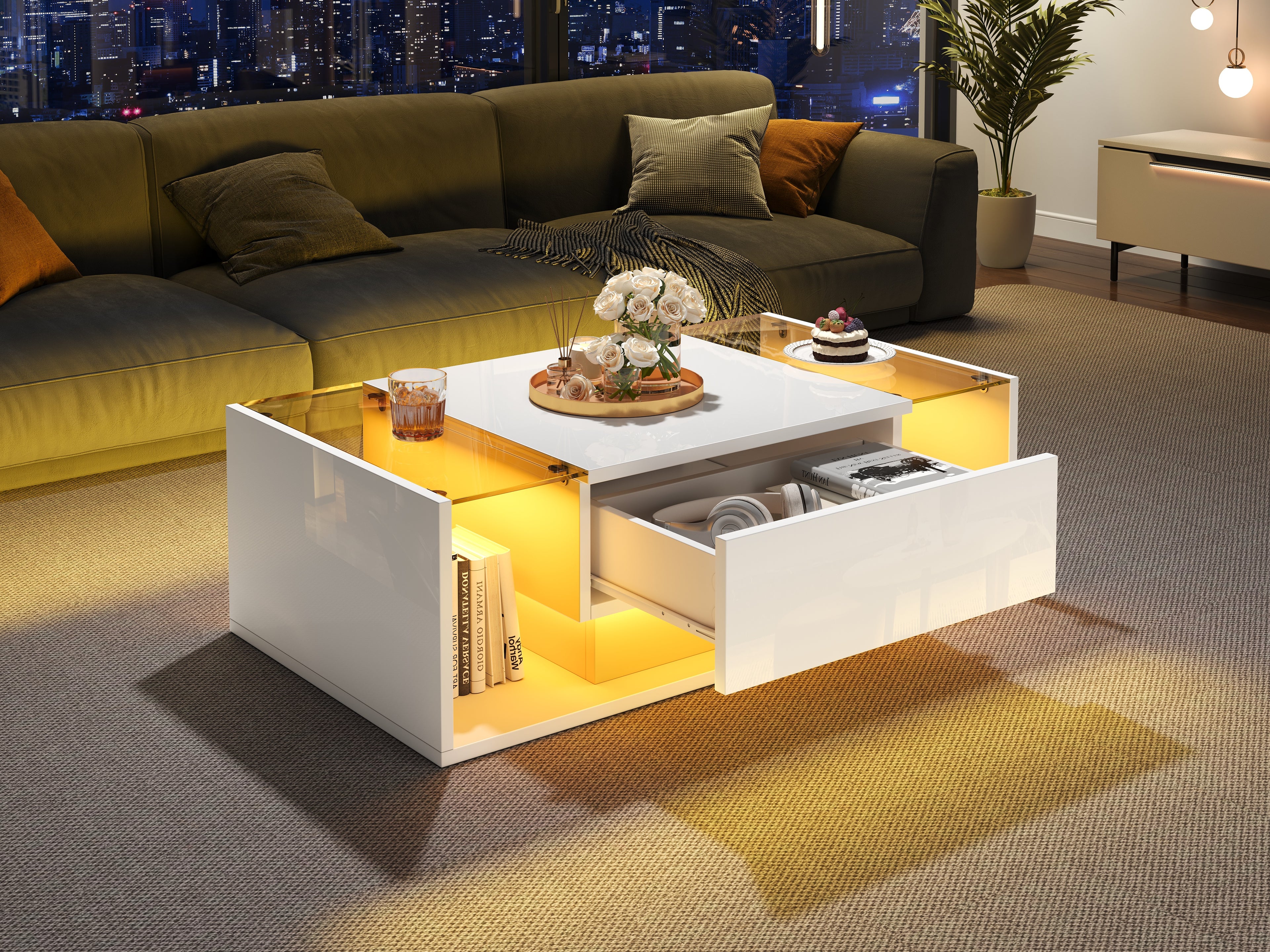 [variant:N892P423295W] High-Gloss LED Coffee Table with Drawer and Glass Top image 10