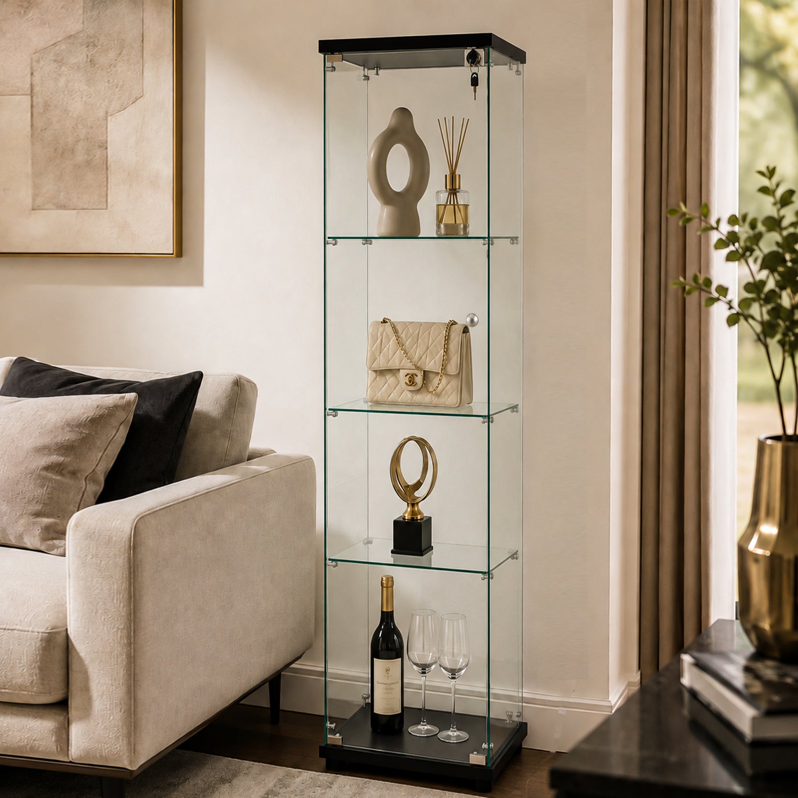 [variant:W3738P360367] 4-Shelf Tempered Glass Display Cabinet – Black image 1