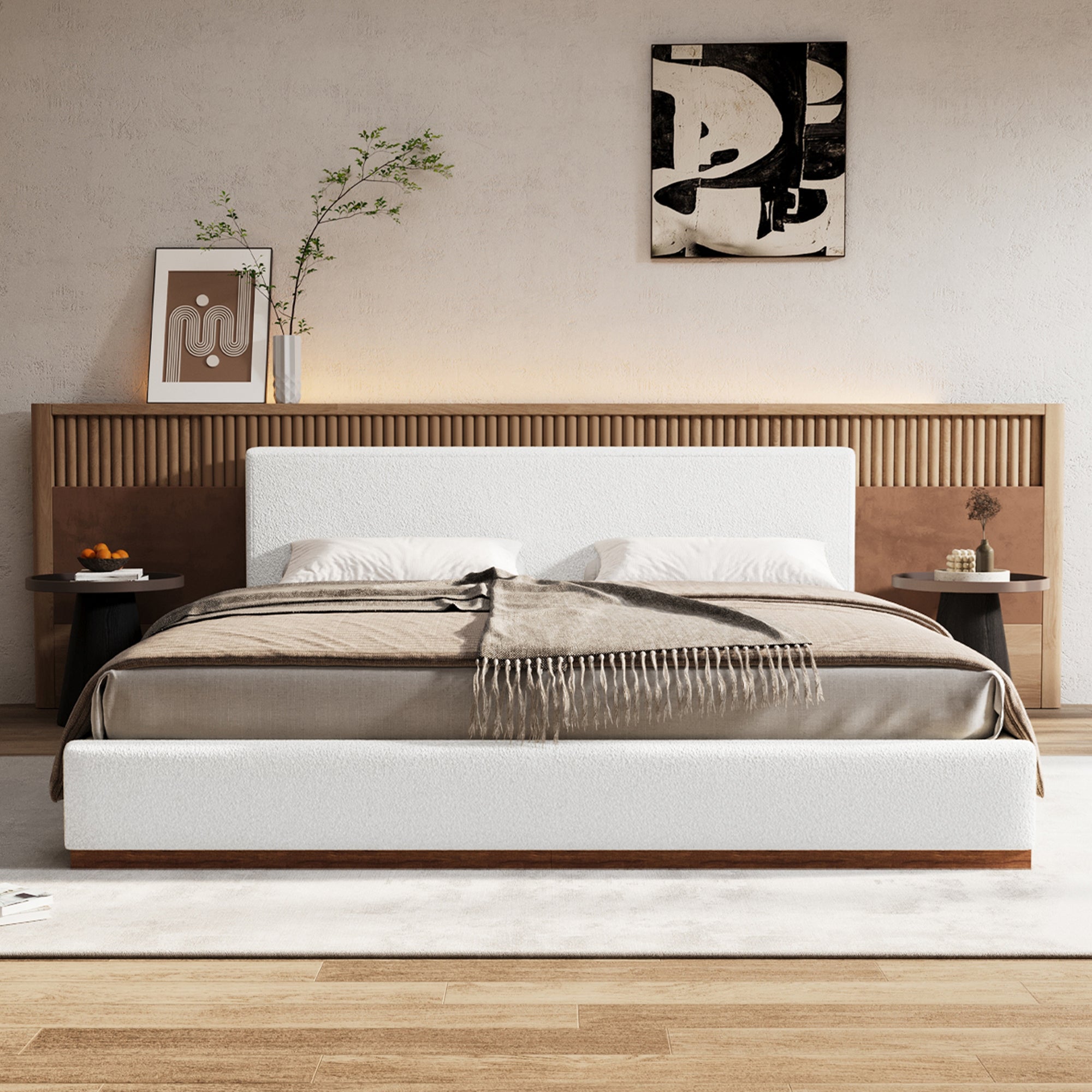 [variant:N891Q440165A] Queen Bouclé Platform Bed with Solid Wood Base – White image 3