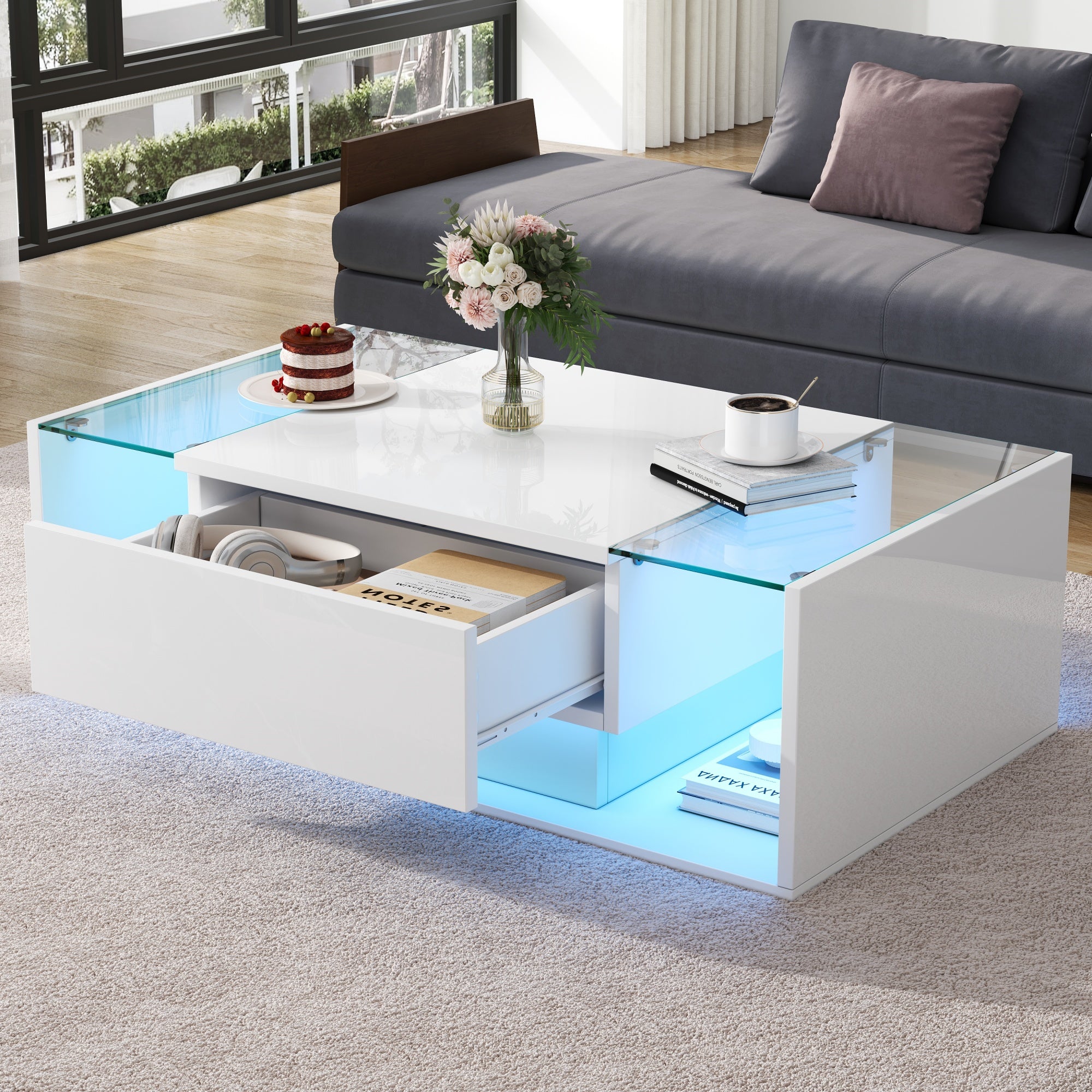 [variant:N892P423295W] High-Gloss LED Coffee Table with Drawer and Glass Top image 15