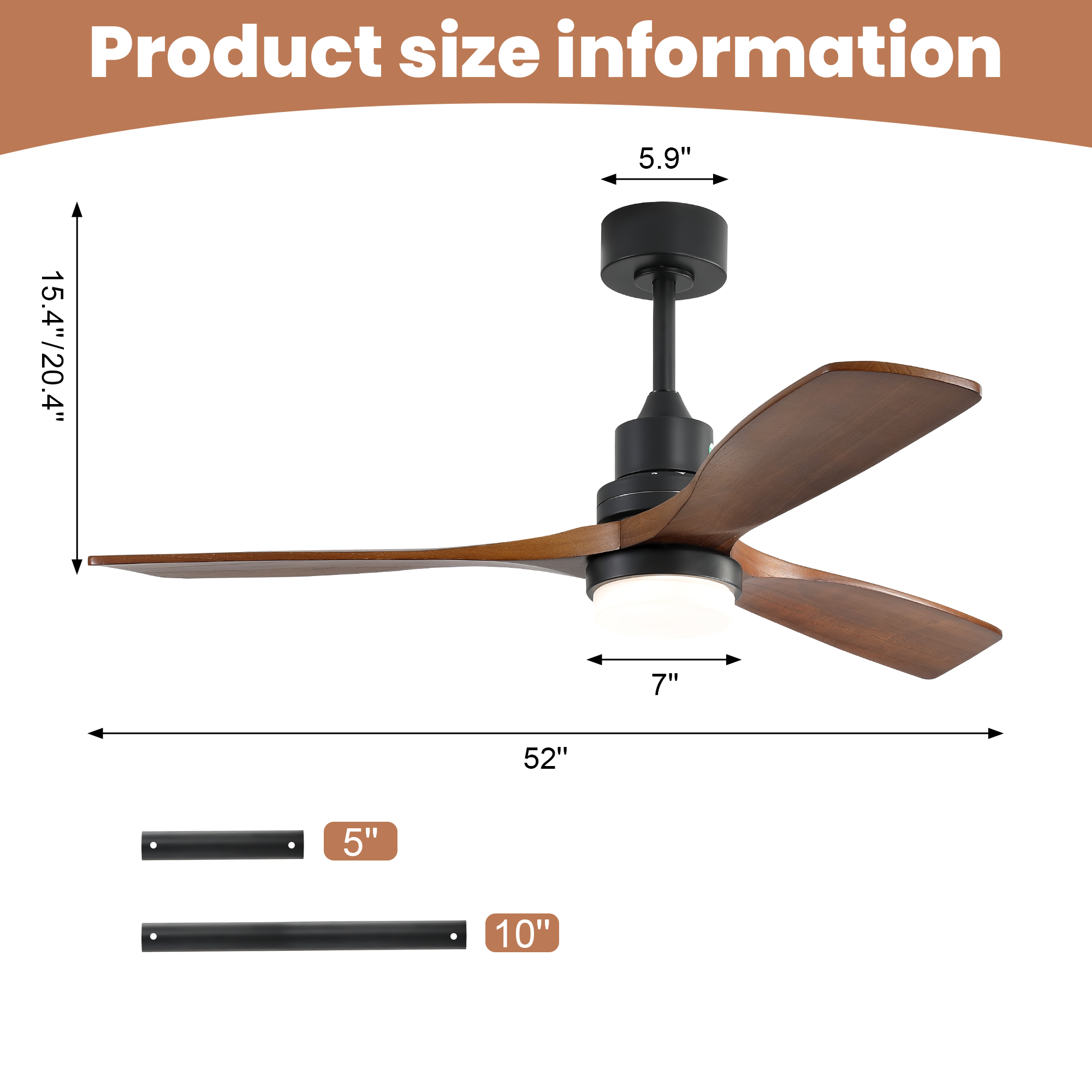 [variant:W5691P514188] Walnut Solid Wood Ceiling Fan with Light & Remote – 52-Inch image 7