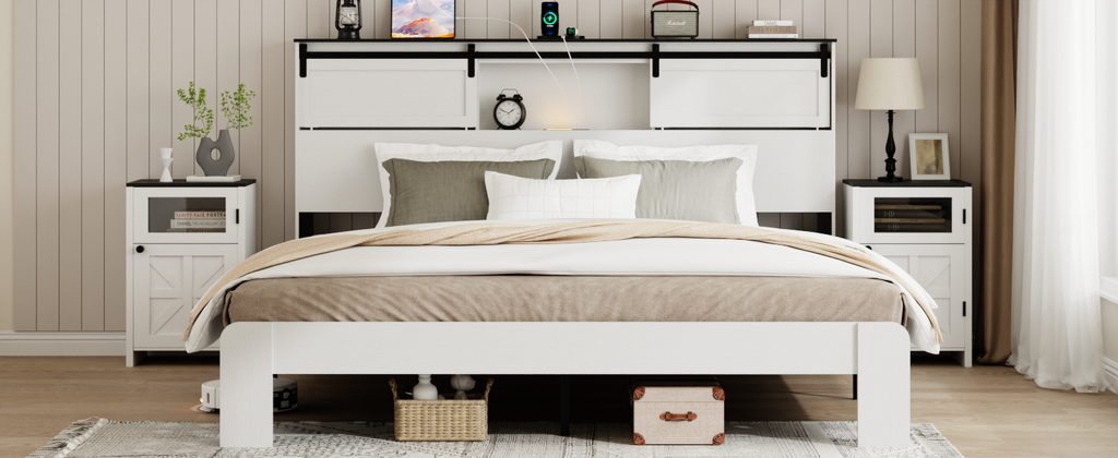 [variant:W5658P486955] Queen Farmhouse Platform Bed with Bookcase Headboard & Charging Station image 2