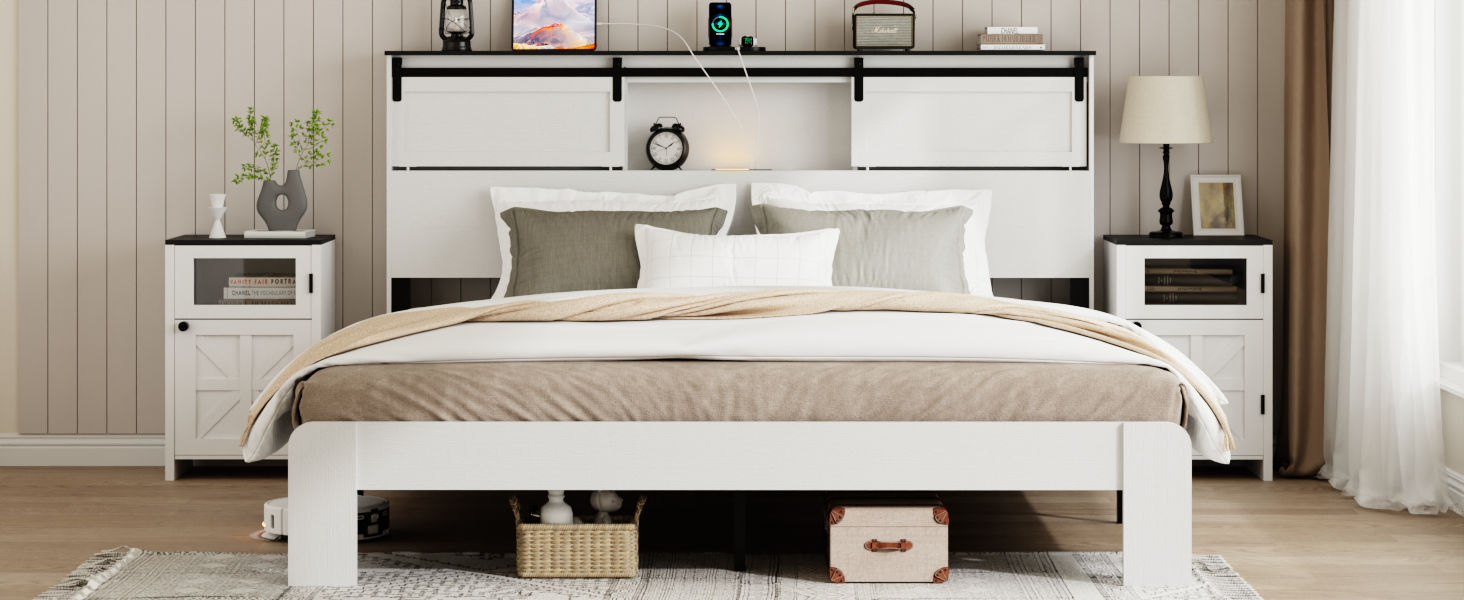 [variant:W5658P486955] Queen Farmhouse Platform Bed with Bookcase Headboard & Charging Station image 2