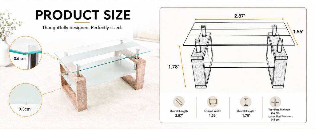 2-Tier Rectangular Tempered Glass Coffee Table — [variant:W3738P499156] Natural,Transparent image 14