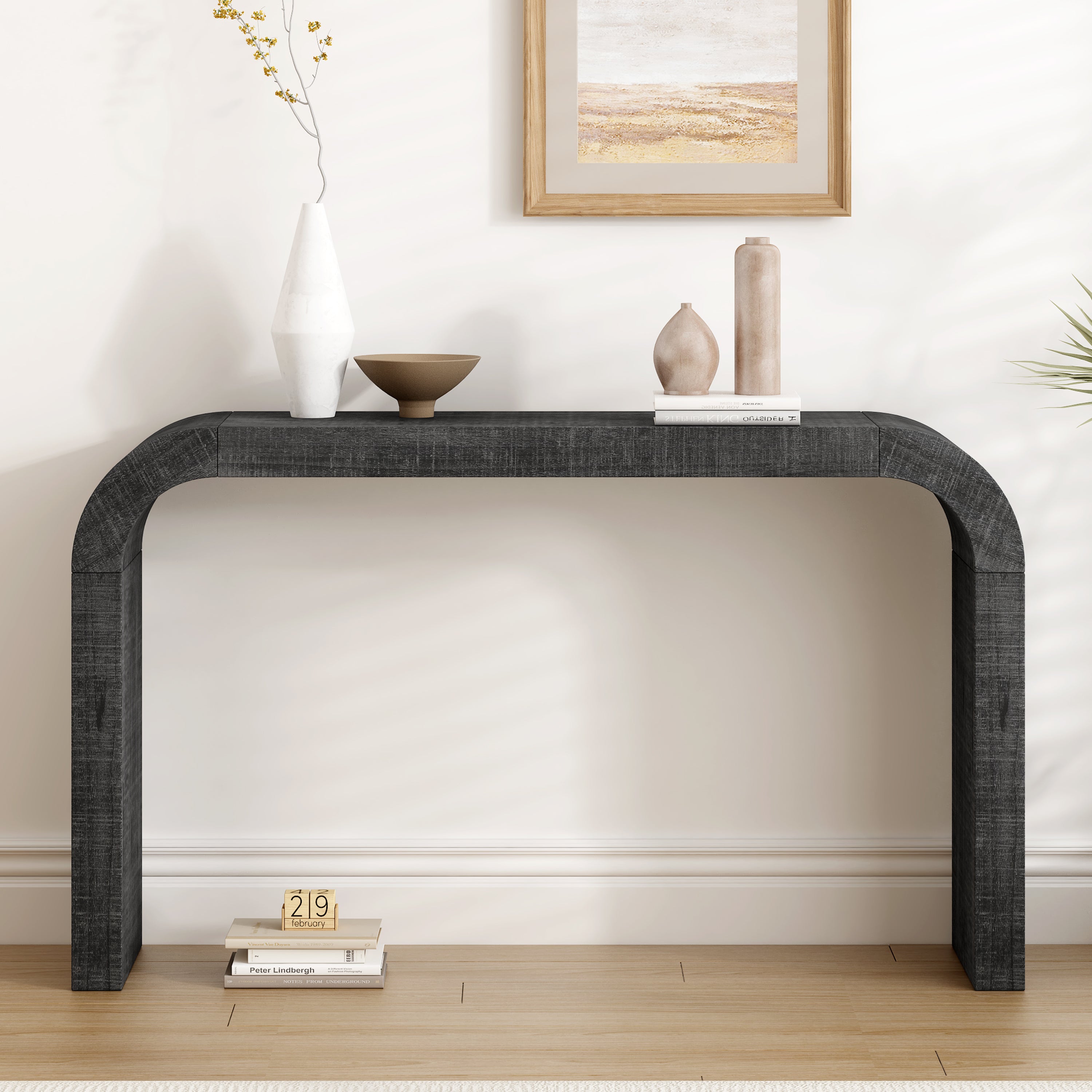 [variant:N851P415011B] Curved-Edge Pine Veneer Console Table – 52-Inch – Black image 1