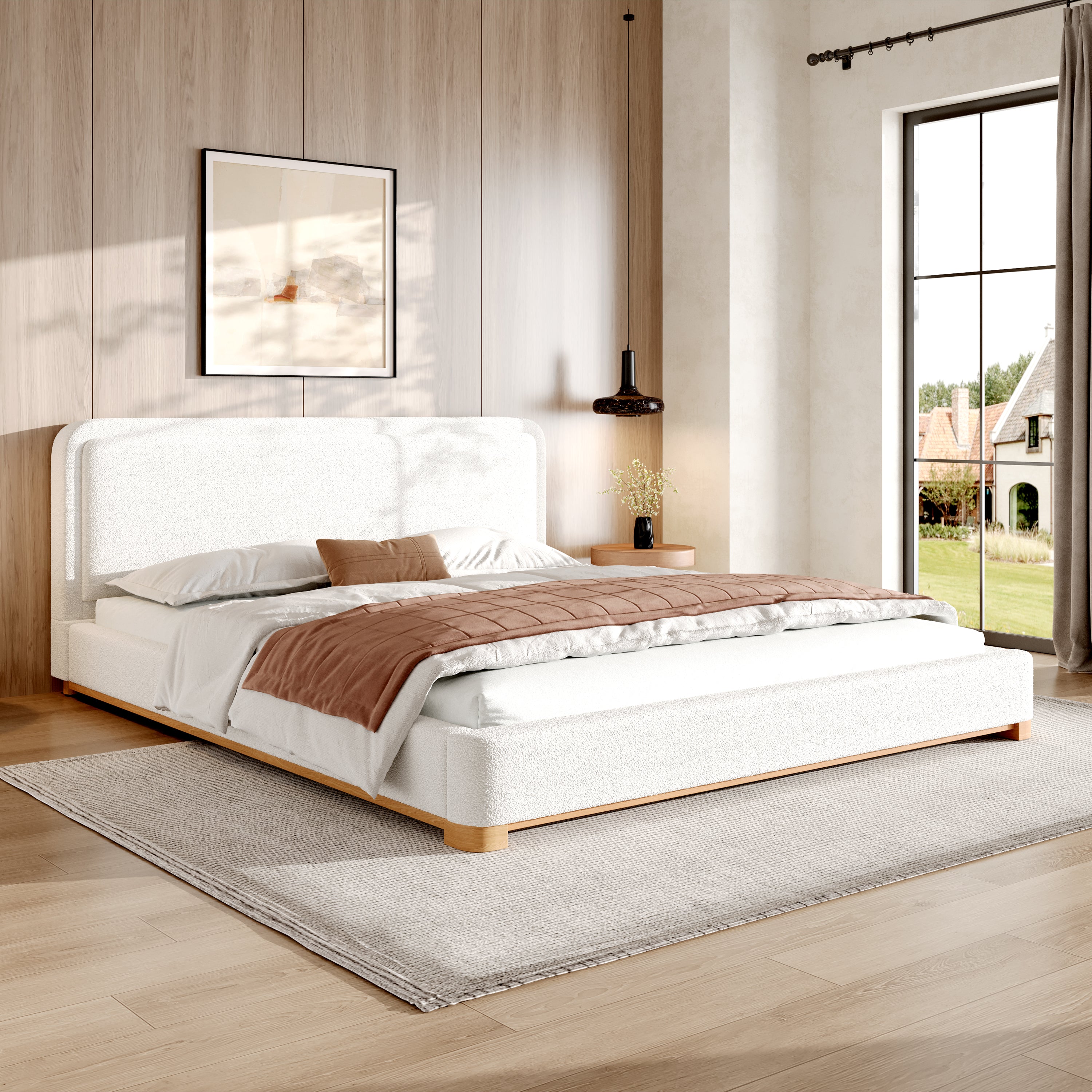 [variant:N859K000012W] King Bouclé Platform Bed with Curved Headboard – White image 3