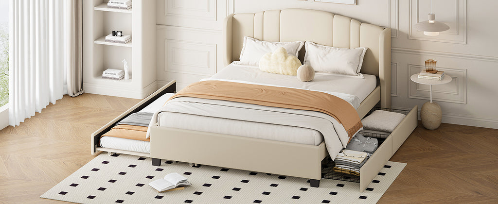 Queen Upholstered Wingback Bed with Twin Trundle & 2 Drawers — [variant:N854S427452A] Beige image 10