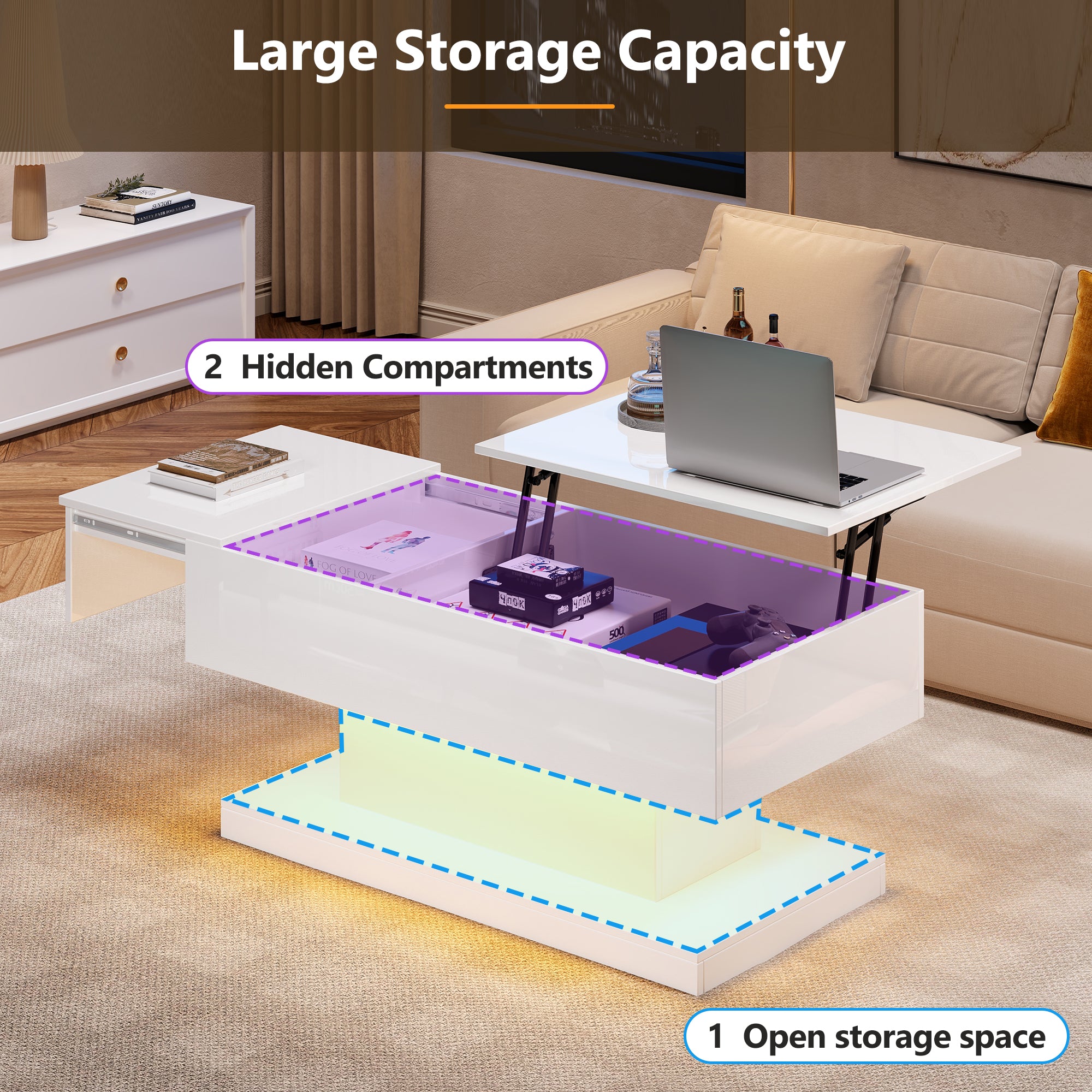 [variant:N892P407974W] High-Gloss Lift-Top Coffee Table with LED Lights image 37