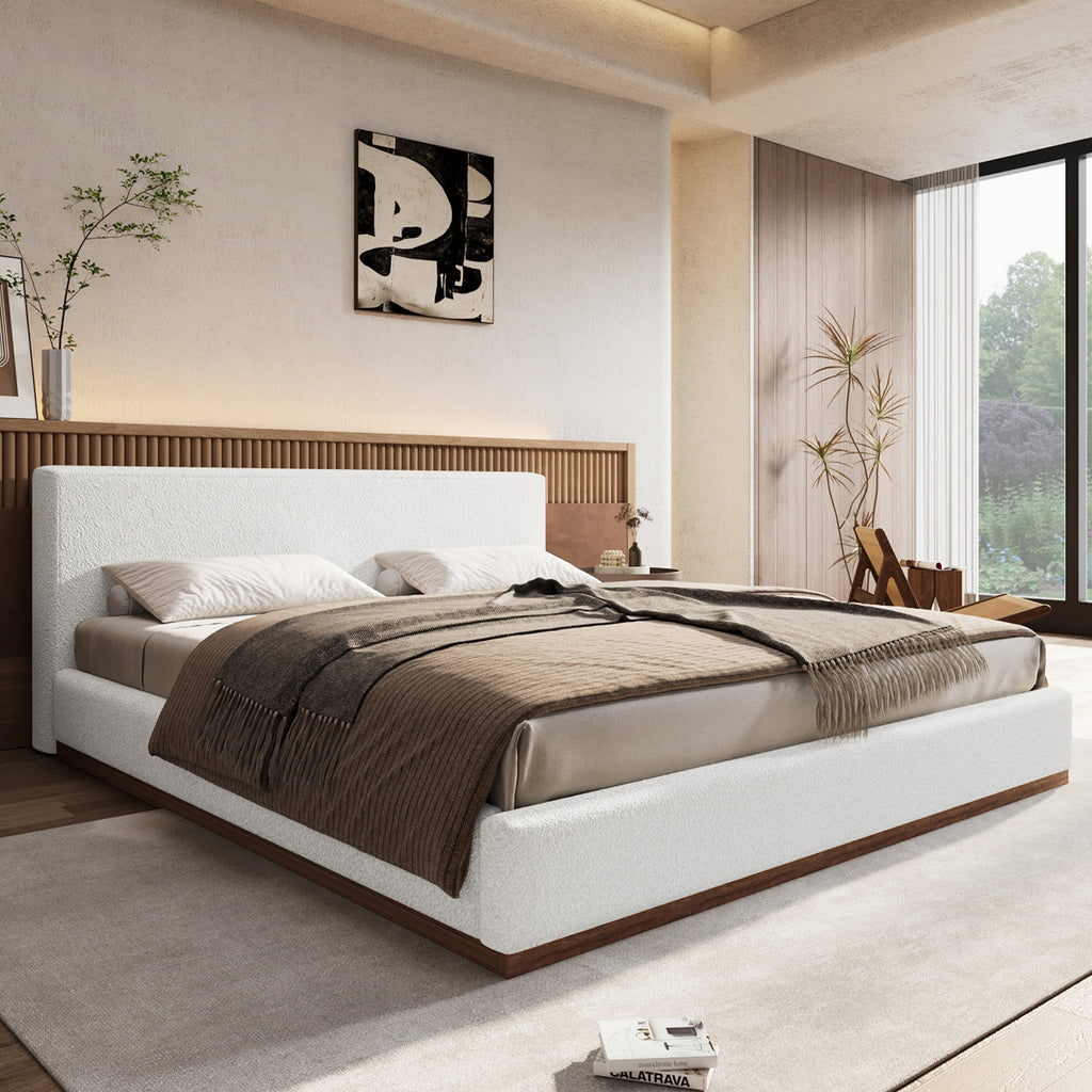[variant:N891Q440165A] Queen Bouclé Platform Bed with Solid Wood Base – White image 4