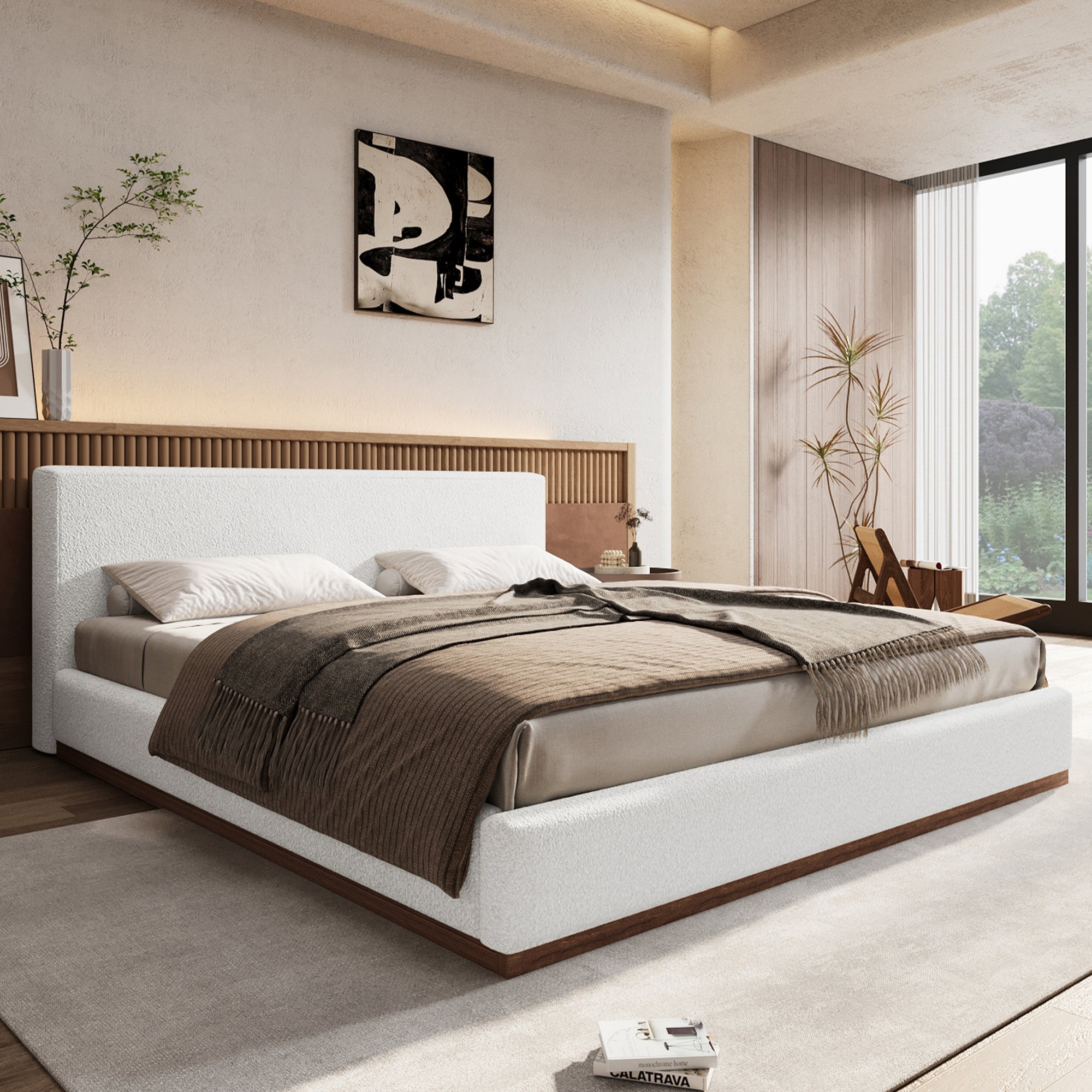 [variant:N891Q440165A] Queen Bouclé Platform Bed with Solid Wood Base – White image 4