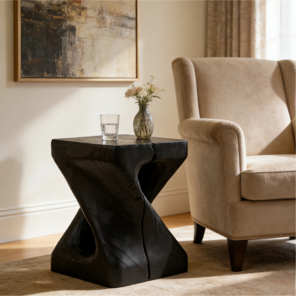 Twisted Wood-Look Indoor/Outdoor Side Table — [variant:N911P479287B] Black image 3
