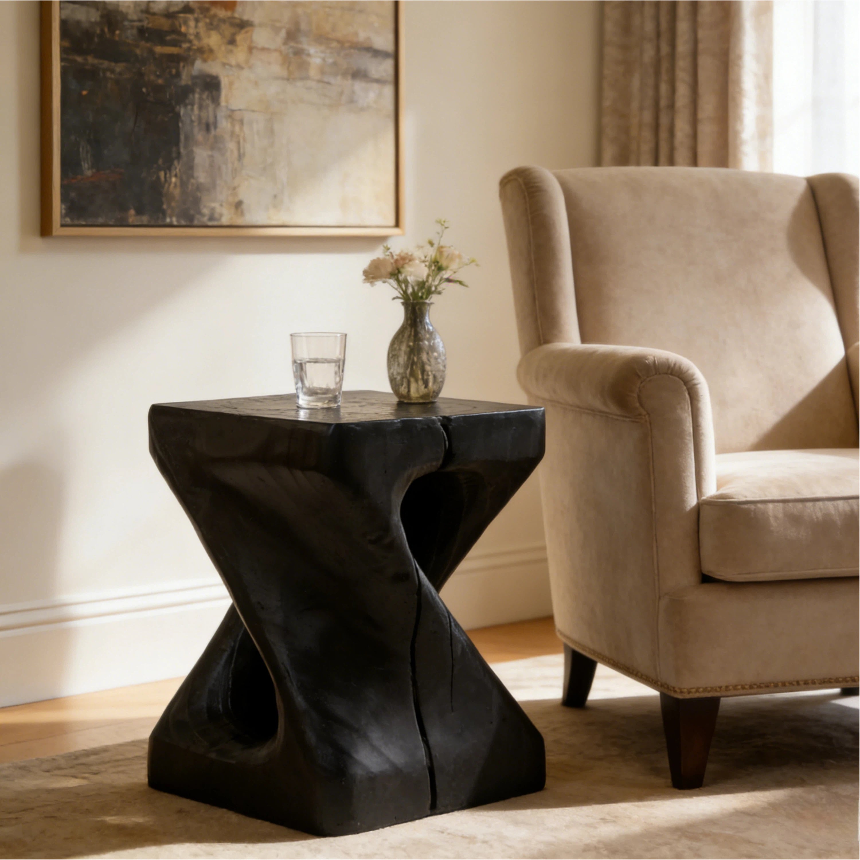 Twisted Wood-Look Indoor/Outdoor Side Table — [variant:N911P479287B] Black image 3