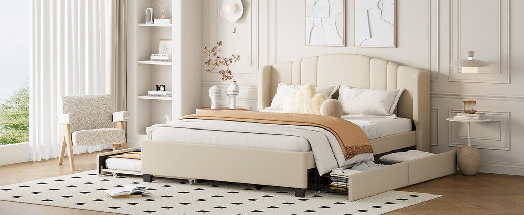 Queen Upholstered Wingback Bed with Twin Trundle & 2 Drawers — [variant:N854S427452A] Beige image 11