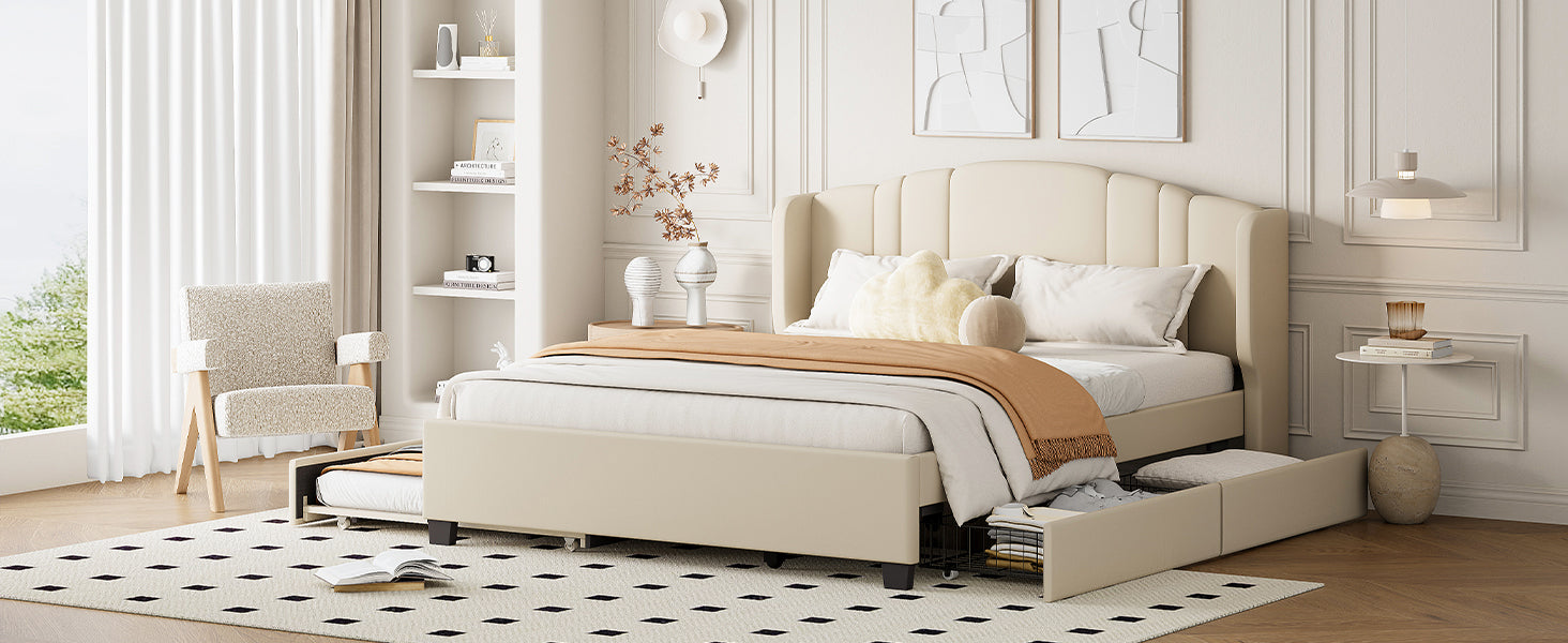 Queen Upholstered Wingback Bed with Twin Trundle & 2 Drawers — [variant:N854S427452A] Beige image 11