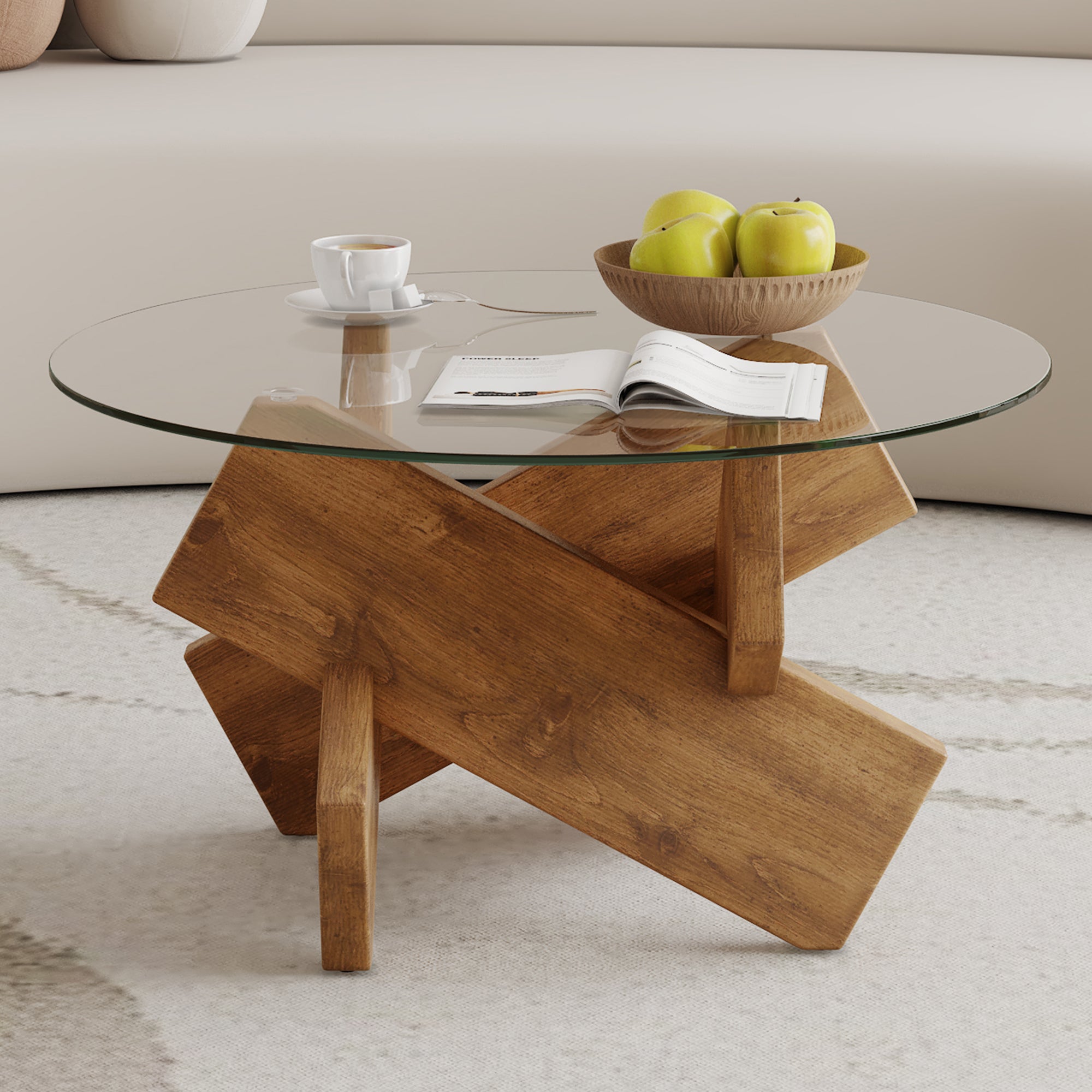 [variant:W3806P404750] 33.4-Inch Round Tempered Glass Coffee Table image 1
