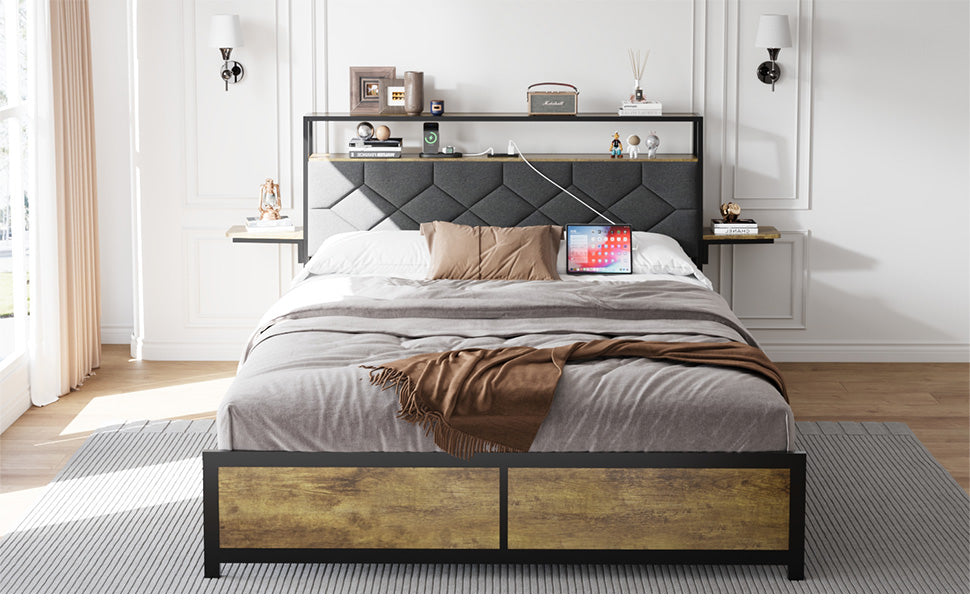 [variant:W5658P486993] Queen Metal Platform Bed with Storage Headboard & Charging Station image 5