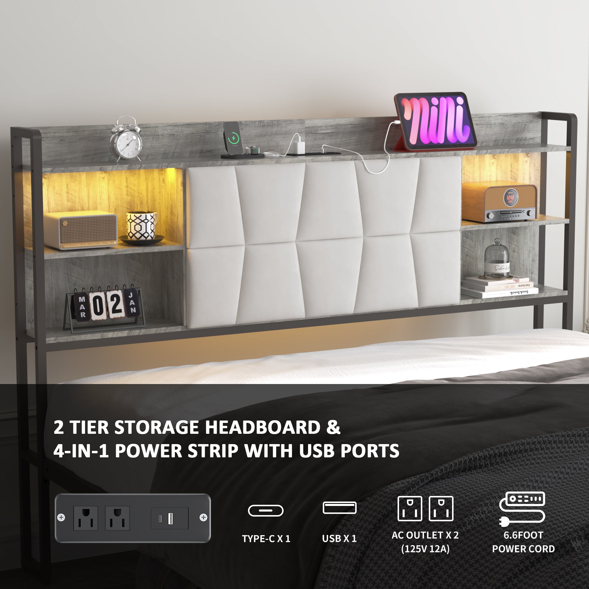 [variant:W5658P487022] Queen Upholstered Platform Bed with Bookcase Headboard, LED Lights & Charging Station image 10