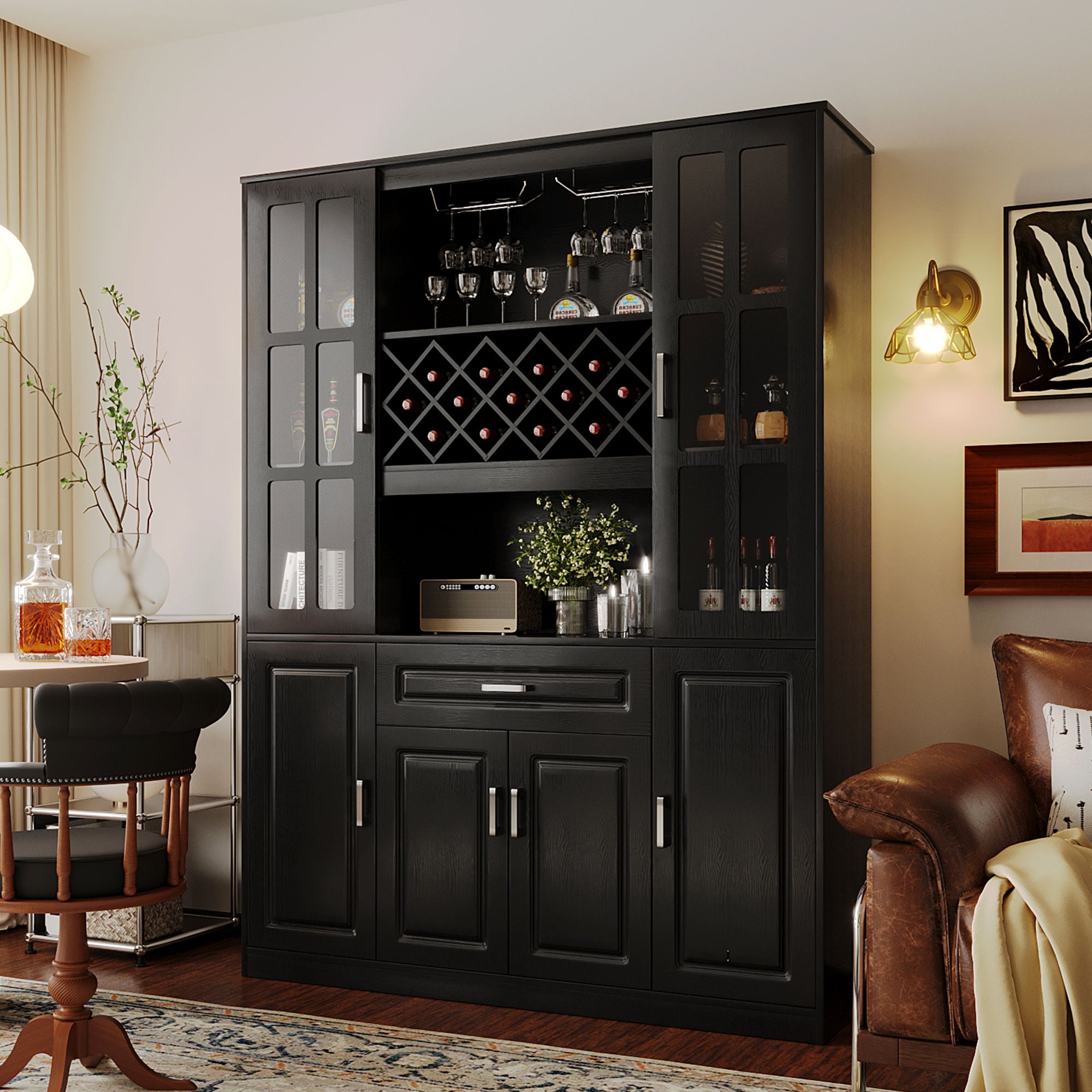 [variant:WT000003AAB] Tall Wine Cabinet with Bottle Rack and Glass Holder – Black image 1