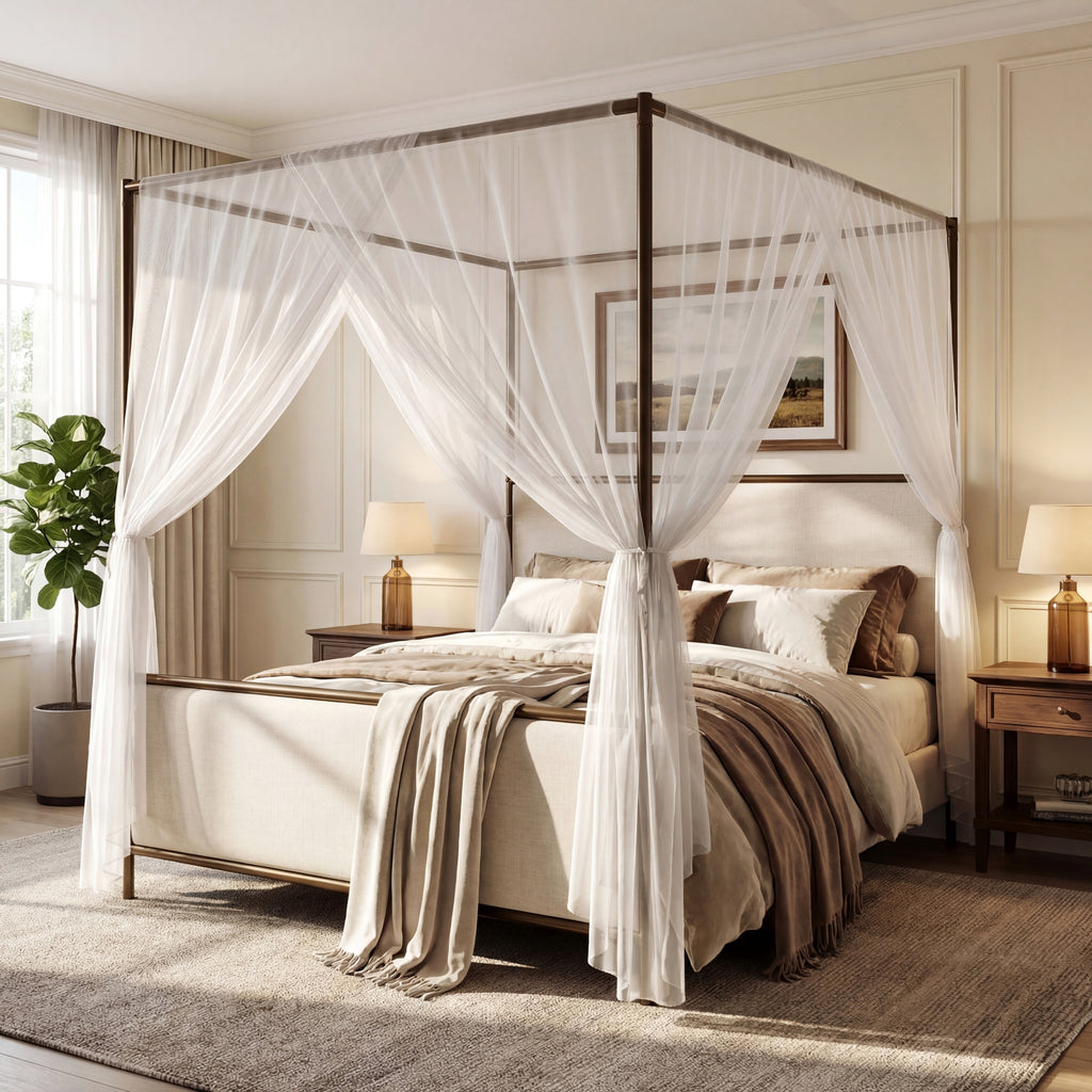 [variant:N859Q000022I] Queen Linen Upholstered Canopy Bed – Beige & Bronze image 1