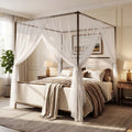 [variant:N859Q000022I] Queen Linen Upholstered Canopy Bed – Beige & Bronze image 1