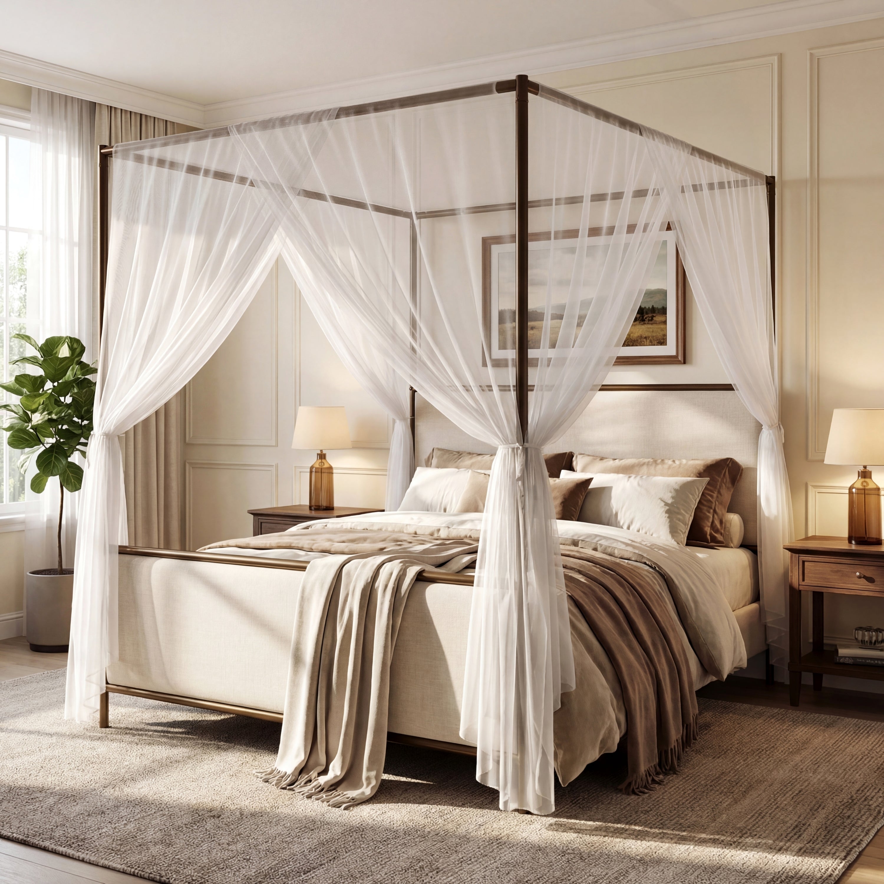 [variant:N859Q000022I] Queen Linen Upholstered Canopy Bed – Beige & Bronze image 1