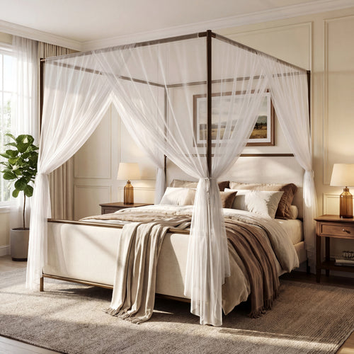 [variant:N859Q000022I] Queen Linen Upholstered Canopy Bed – Beige & Bronze image 1