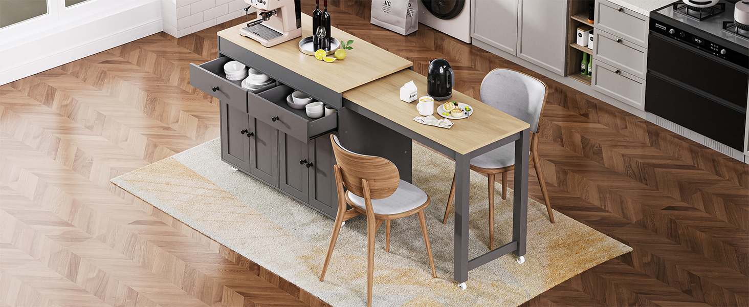 [variant:N853P386264G] Extendable Rolling Kitchen Island with Dining Table – Gray, 74.5-Inch image 4
