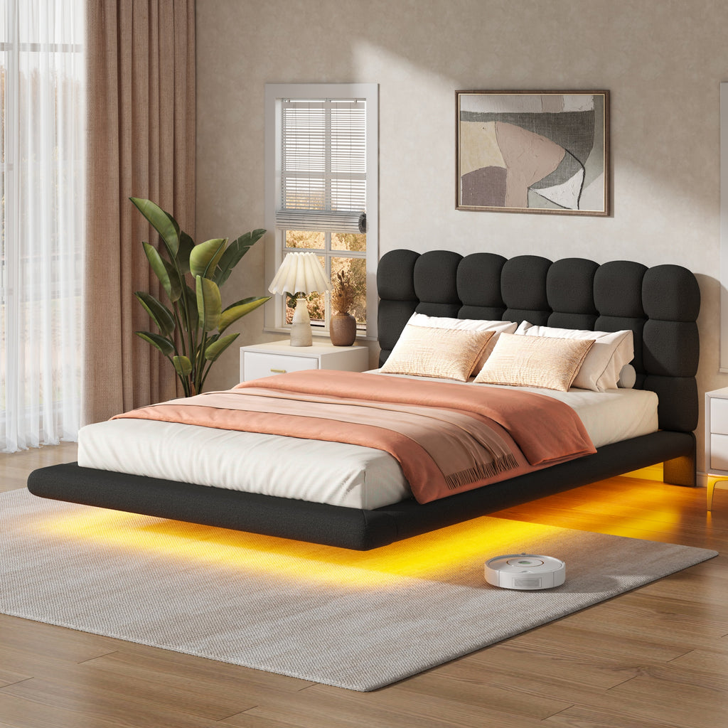 [variant:HS451577AAB] Queen LED Floating Bouclé Platform Bed – Black image 3