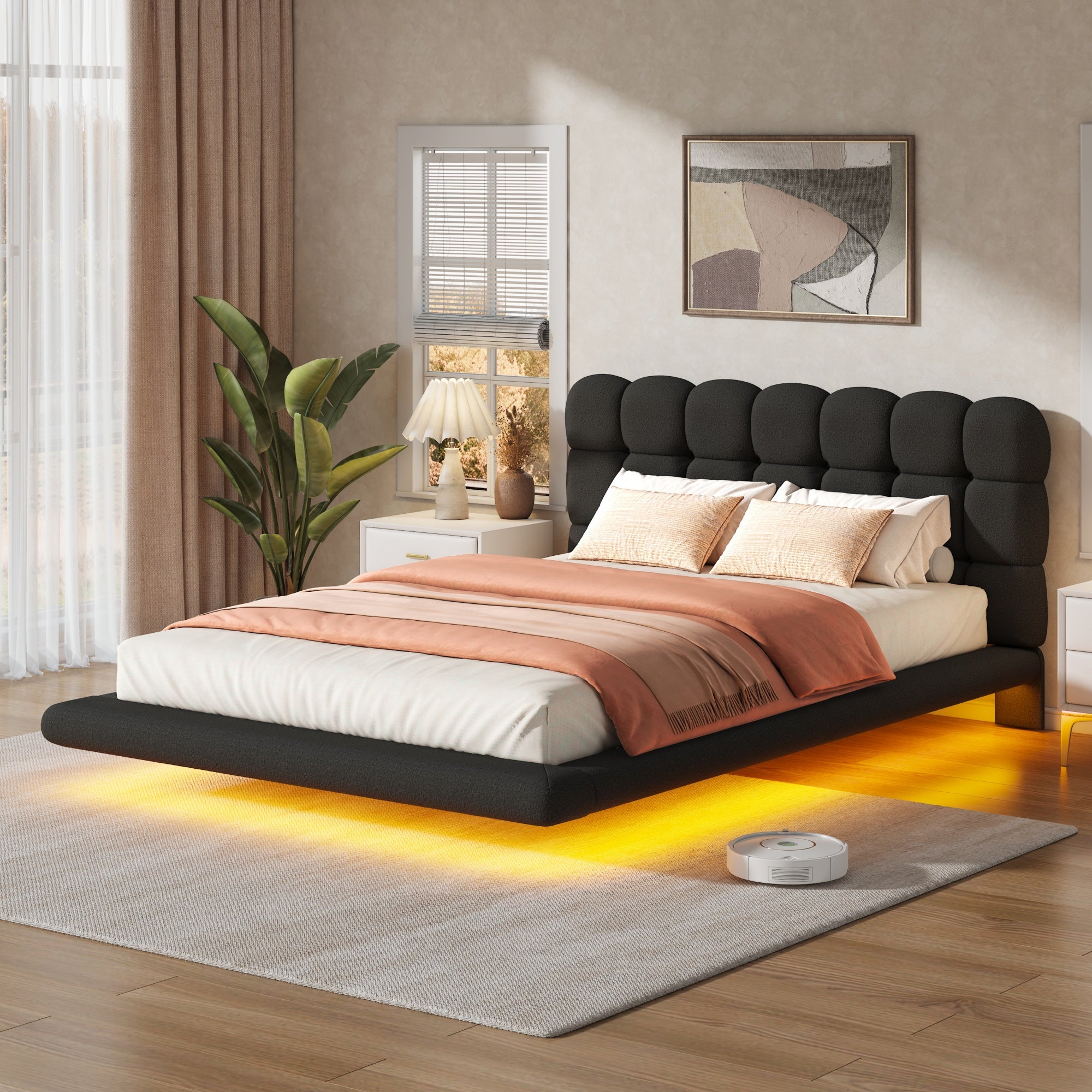 [variant:HS451577AAB] Queen LED Floating Bouclé Platform Bed – Black image 3