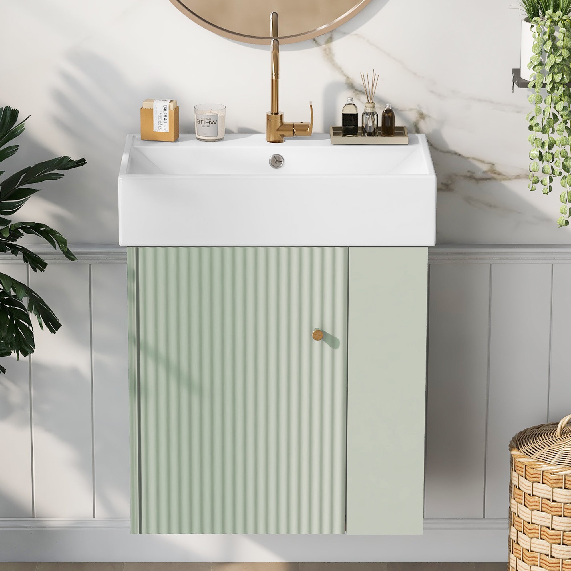 [variant:N729P170388F] Floating Bathroom Vanity with Ceramic Basin – 21.6-Inch, Green image 2