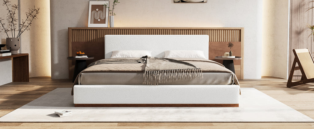 [variant:N891Q440165A] Queen Bouclé Platform Bed with Solid Wood Base – White image 15